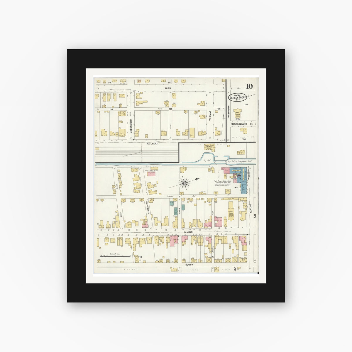 Old map wall art mockup — black gallery frame with white mat — Sanborn Fire Insurance Map from Jersey Shore, Lycoming County, Pennsylvania (1906), Sheet #0010