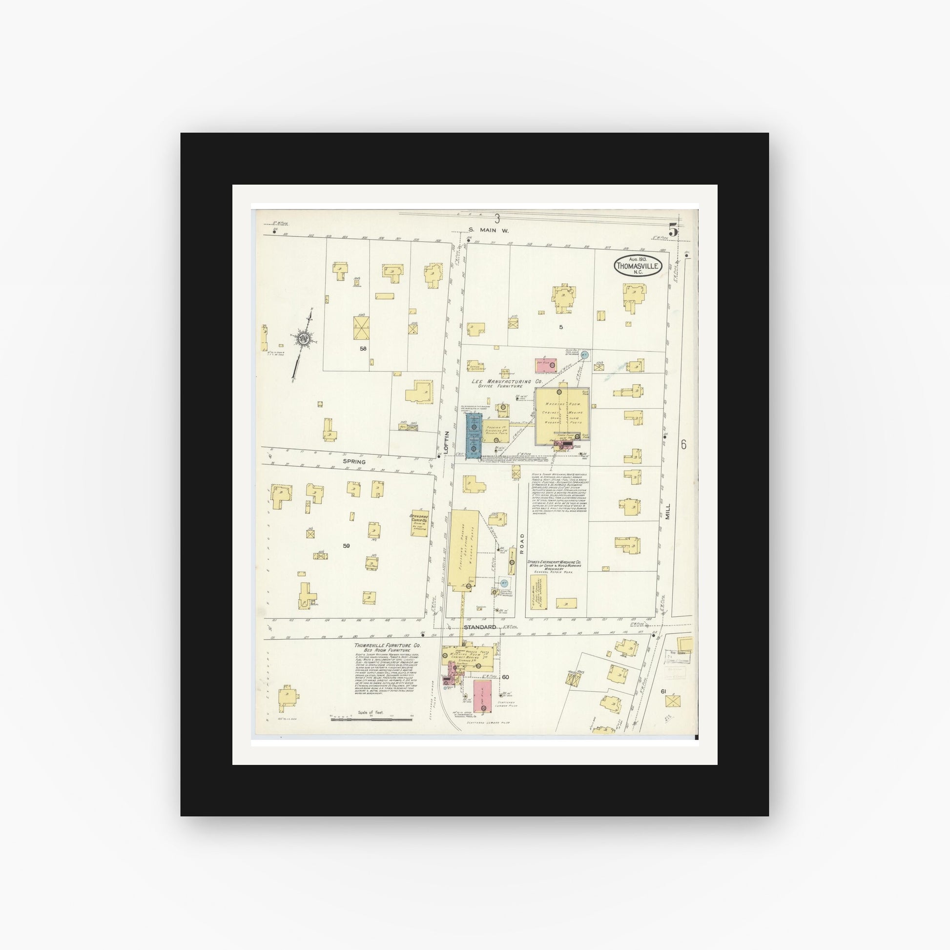 Old map wall art mockup — black gallery frame with white mat — Sanborn Fire Insurance Map from Thomasville, Davidson County, North Carolina (1913), Sheet #0005