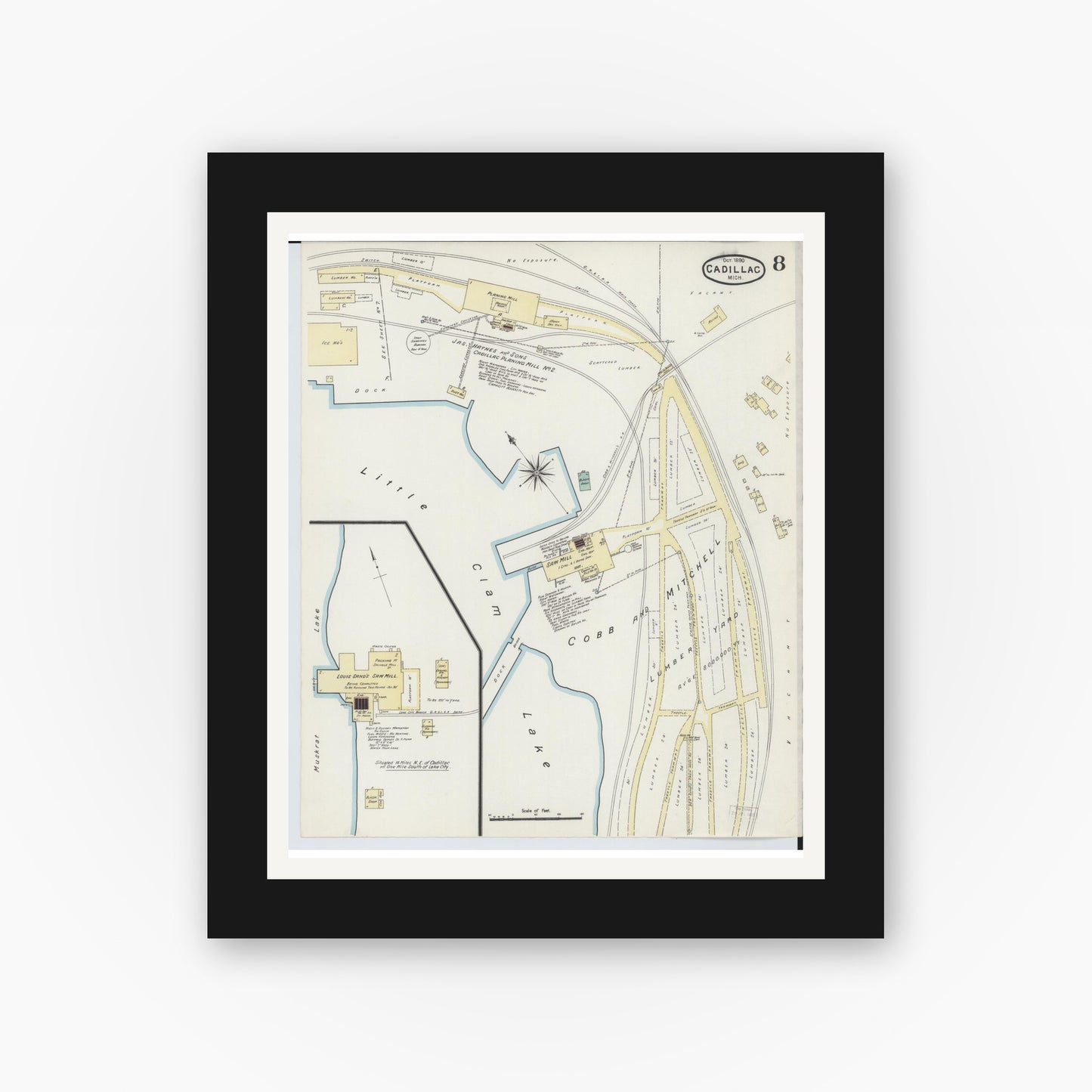 Old map wall art mockup — black gallery frame with white mat — Sanborn Fire Insurance Map from Cadillac, Wexford County, Michigan (1890), Sheet #0008
