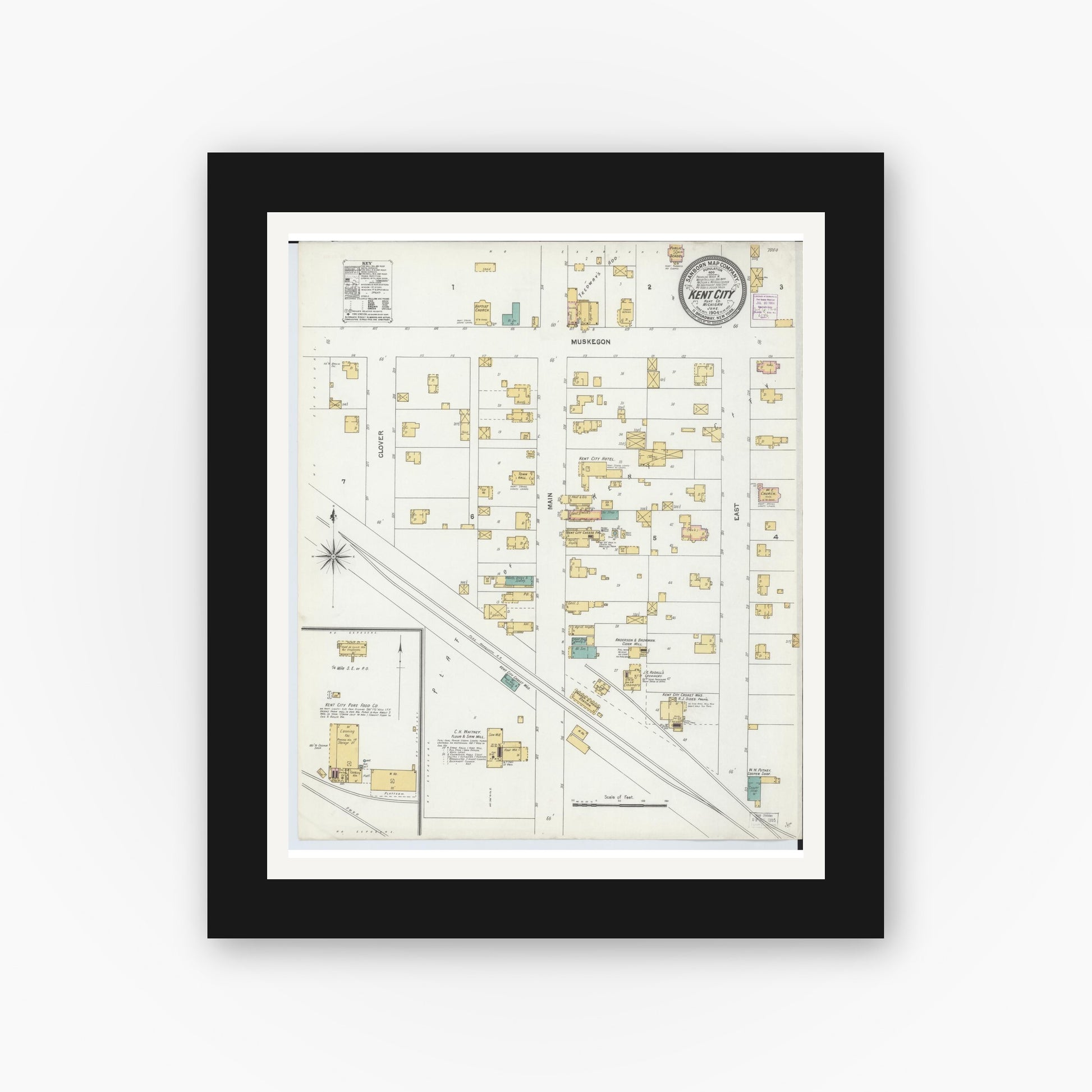 Old map wall art mockup — black gallery frame with white mat — Sanborn Fire Insurance Map from Kent City, Kent County, Michigan (1904), Sheet #0001