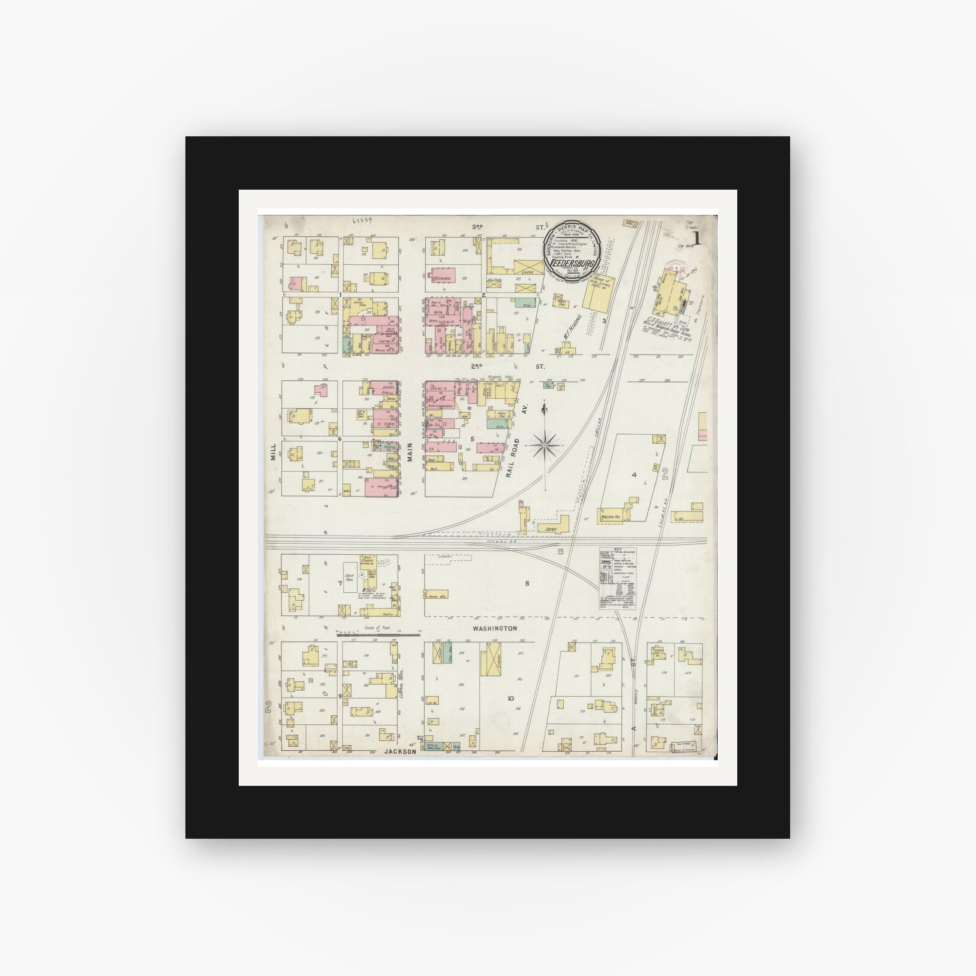 Old map wall art mockup — black gallery frame with white mat — Sanborn Fire Insurance Map from Veedersburg, Fountain County, Indiana (1895) - Complete Map Set