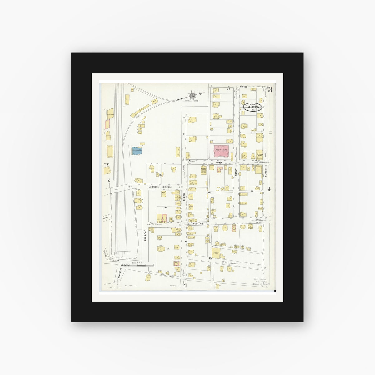 Old map wall art mockup — black gallery frame with white mat — Sanborn Fire Insurance Map from Gallitzin, Cambria County, Pennsylvania (1910), Sheet #0003