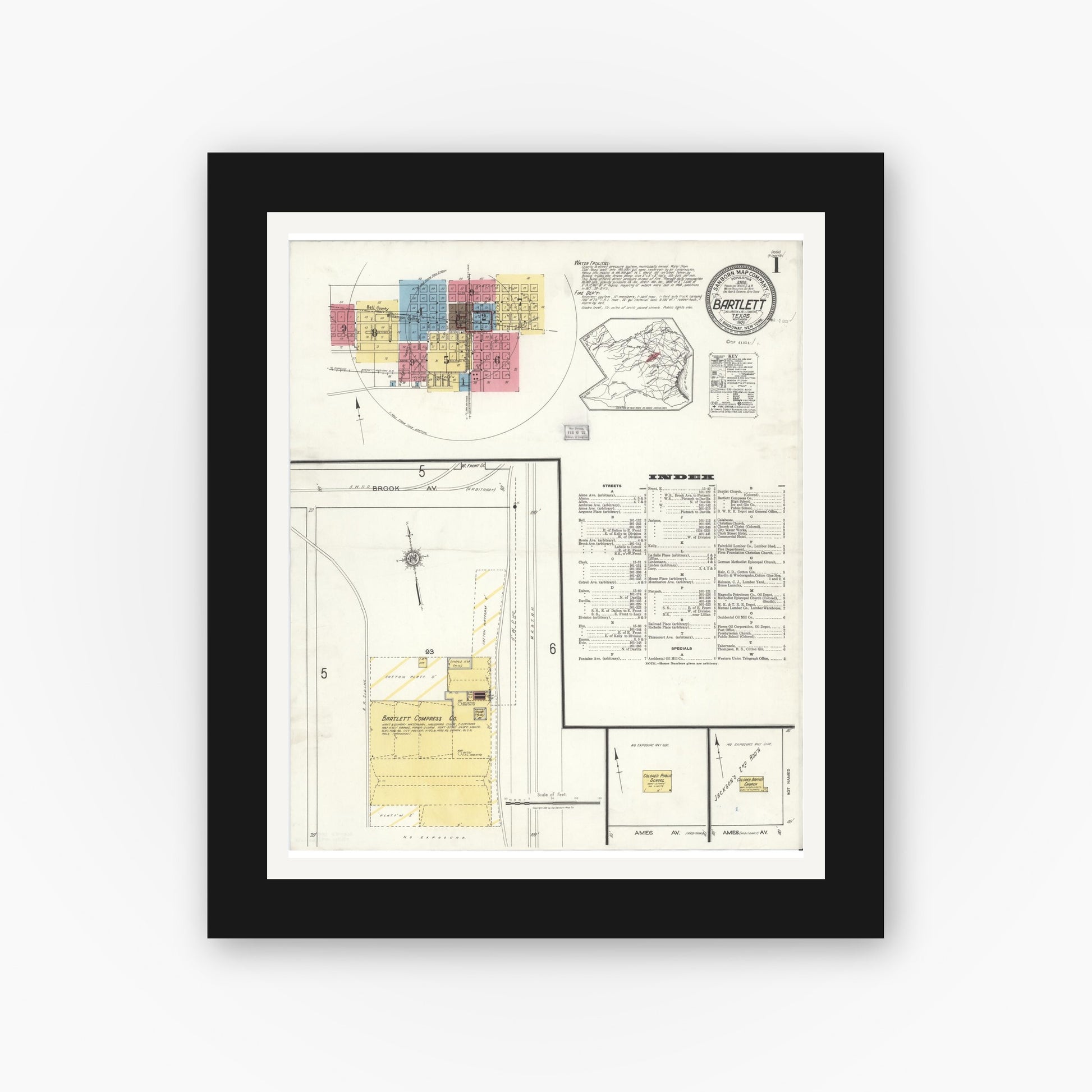 Old map wall art mockup — black gallery frame with white mat — Sanborn Fire Insurance Map from Bartlett, Bell and Williamson Counties, Texas (1921) - Complete Map Set