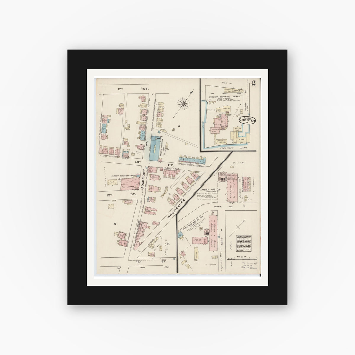 Old map wall art mockup — black gallery frame with white mat — Sanborn Fire Insurance Map from Chester, Delaware County, Pennsylvania (1885), Sheet #0002