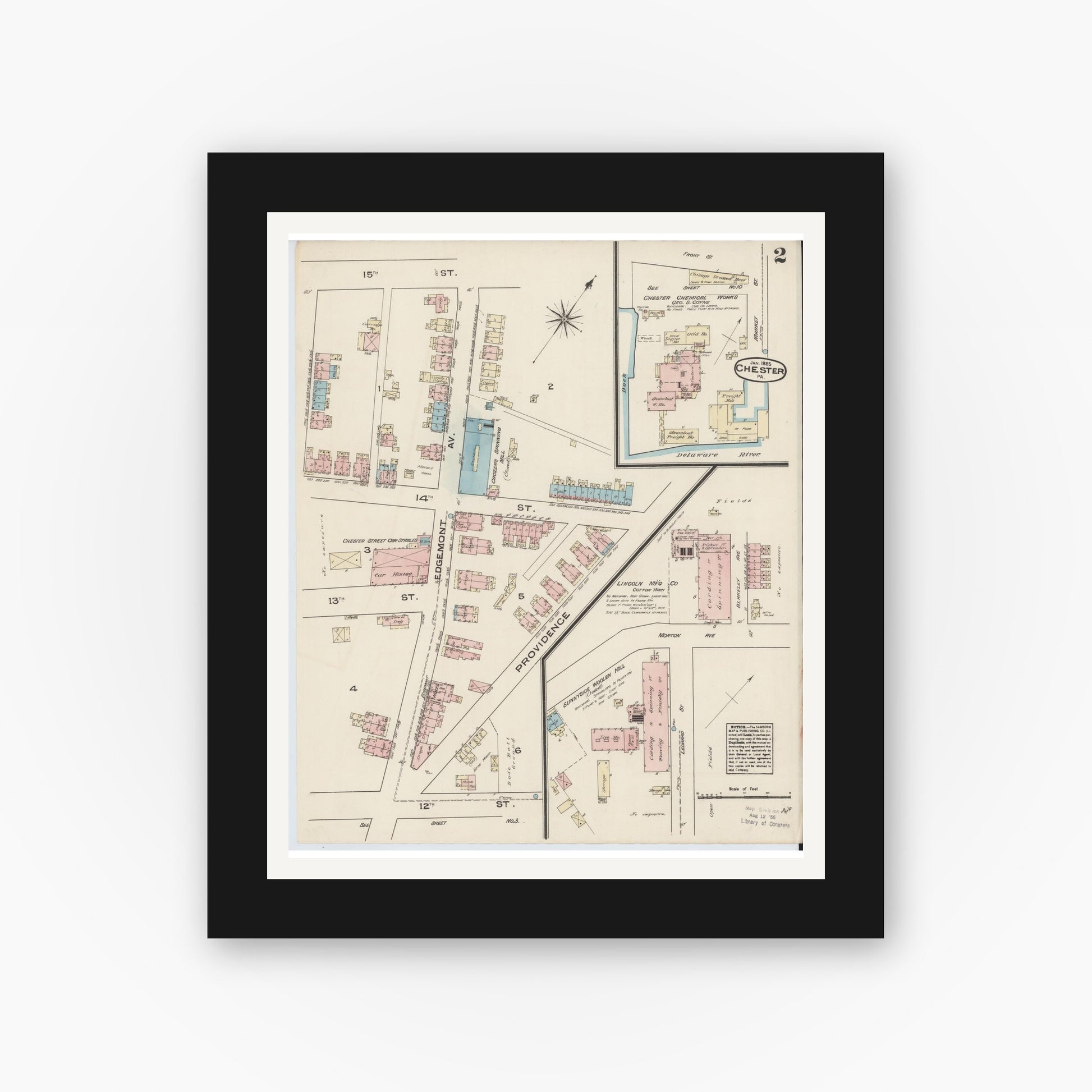 Old map wall art mockup — black gallery frame with white mat — Sanborn Fire Insurance Map from Chester, Delaware County, Pennsylvania (1885), Sheet #0002