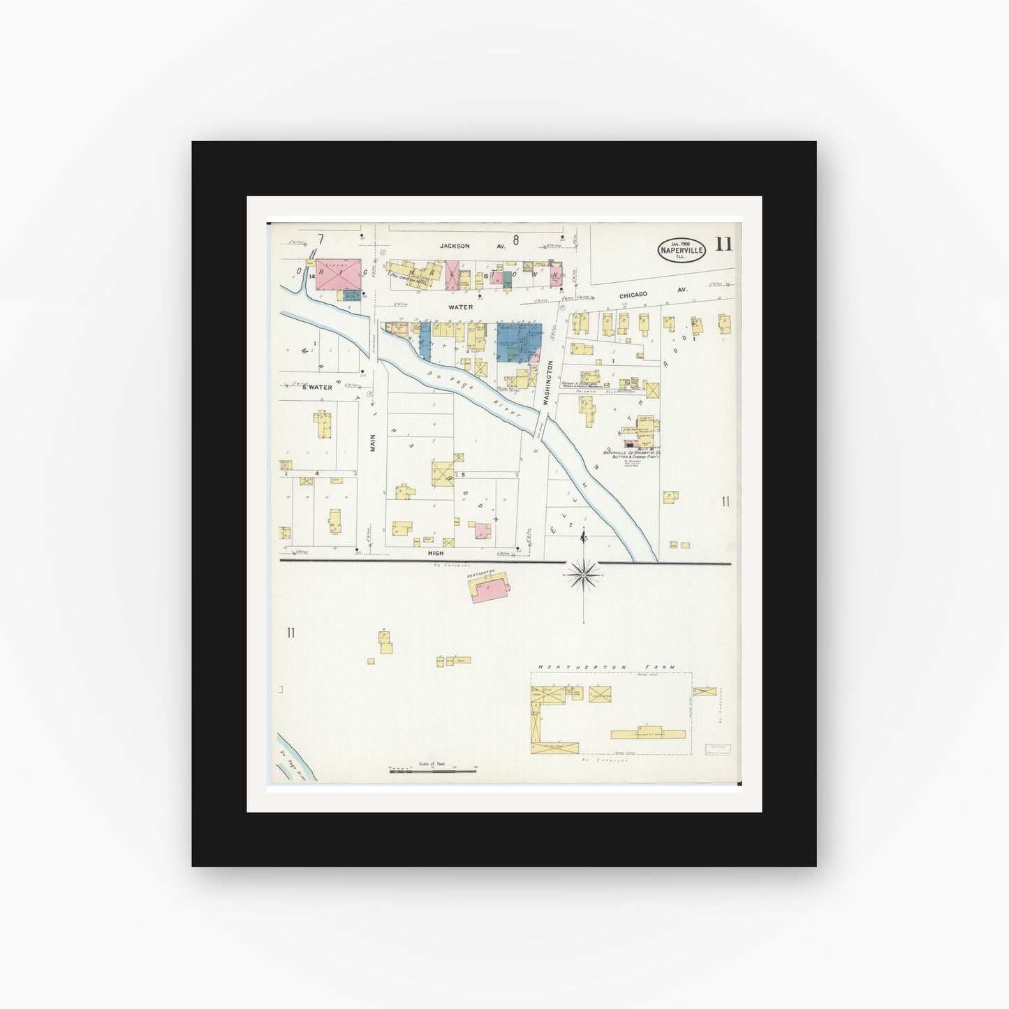 Old map wall art mockup — black gallery frame with white mat — Sanborn Fire Insurance Map from Naperville, Du Page County, Illinois (1909), Sheet #0011