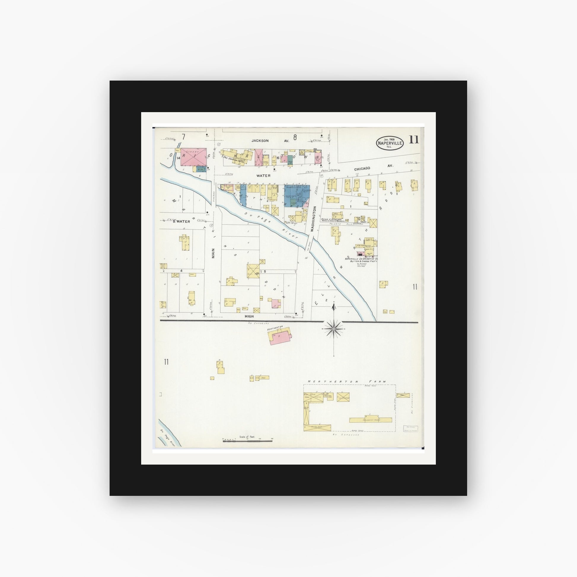 Old map wall art mockup — black gallery frame with white mat — Sanborn Fire Insurance Map from Naperville, Du Page County, Illinois (1909), Sheet #0011