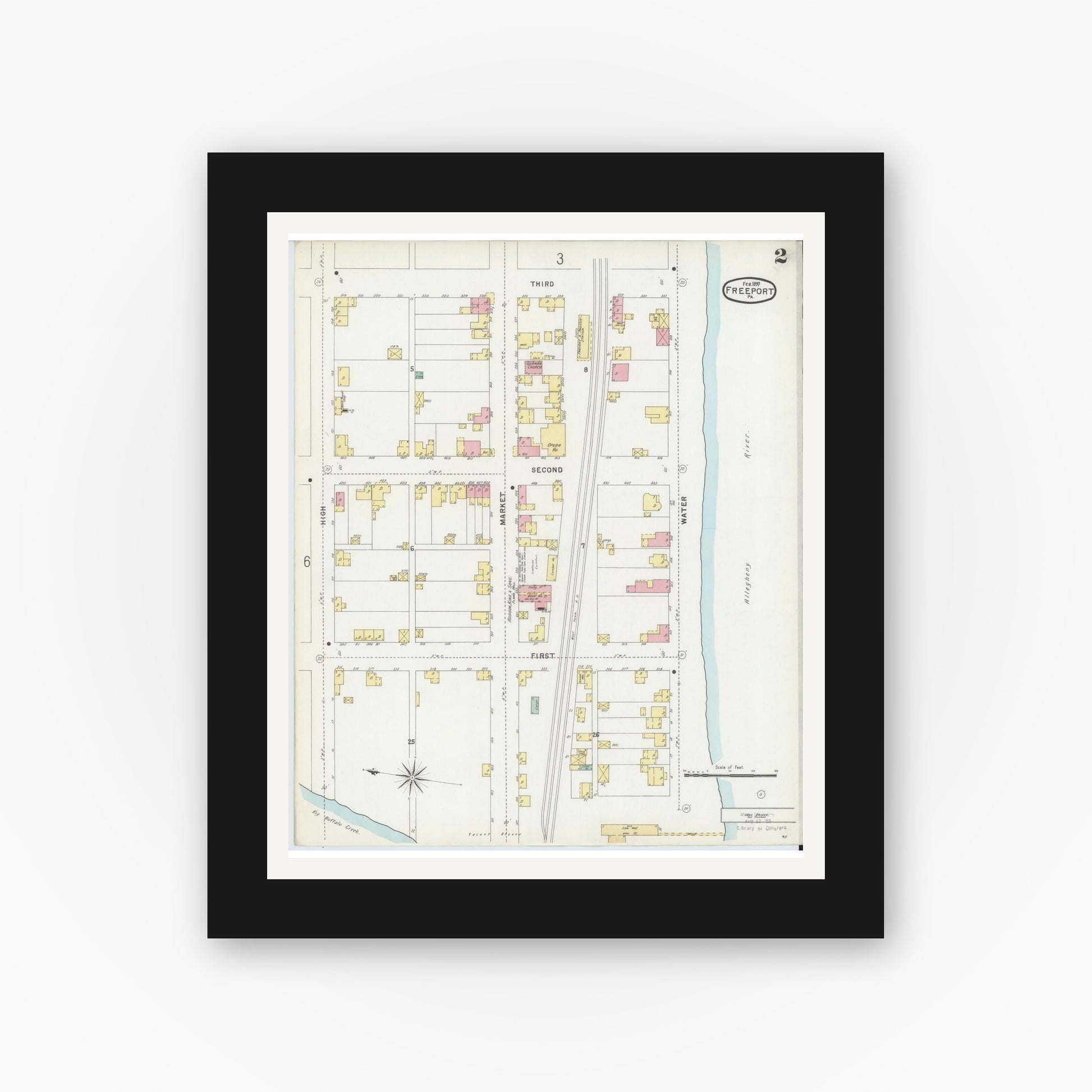 Old map wall art mockup — black gallery frame with white mat — Sanborn Fire Insurance Map from Freeport, Armstrong County, Pennsylvania (1897), Sheet #0002