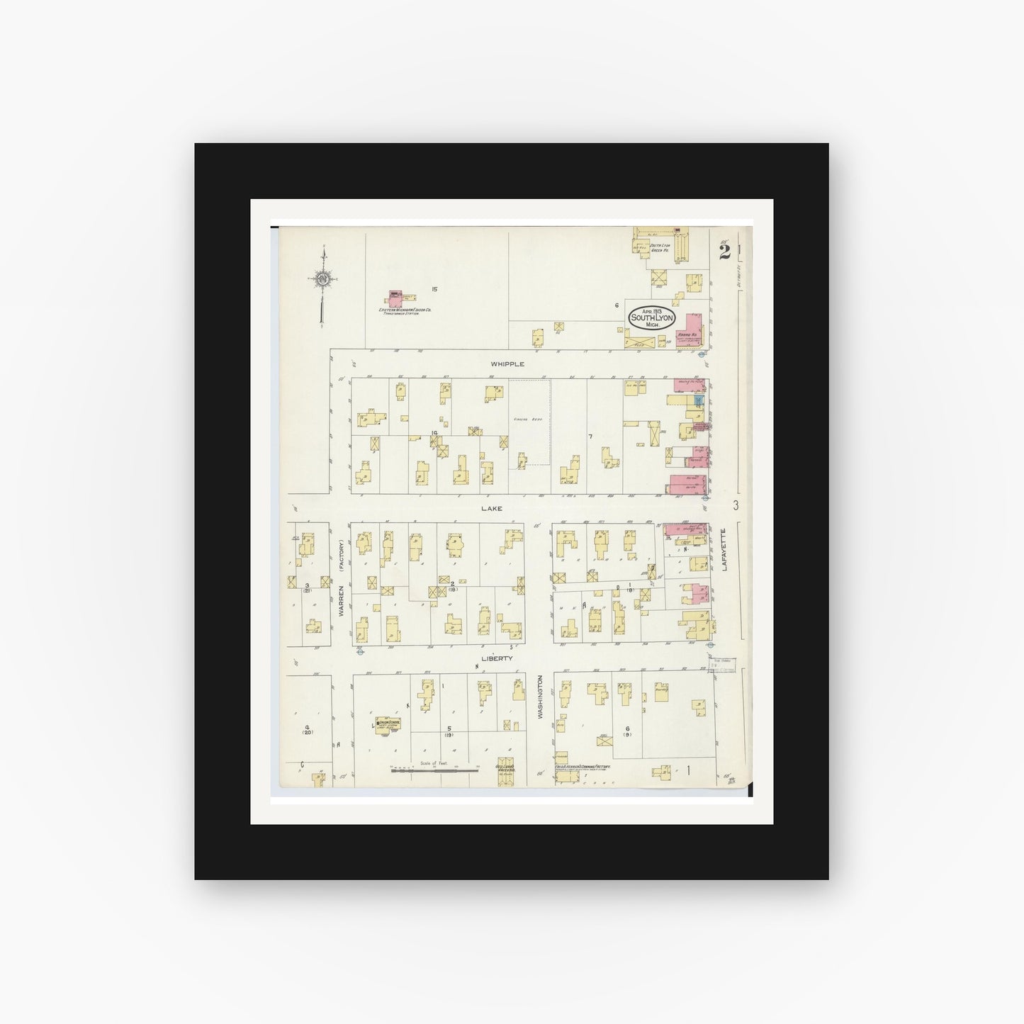 Old map wall art mockup — black gallery frame with white mat — Sanborn Fire Insurance Map from South Lyon, Oakland County, Michigan (1913), Sheet #0002