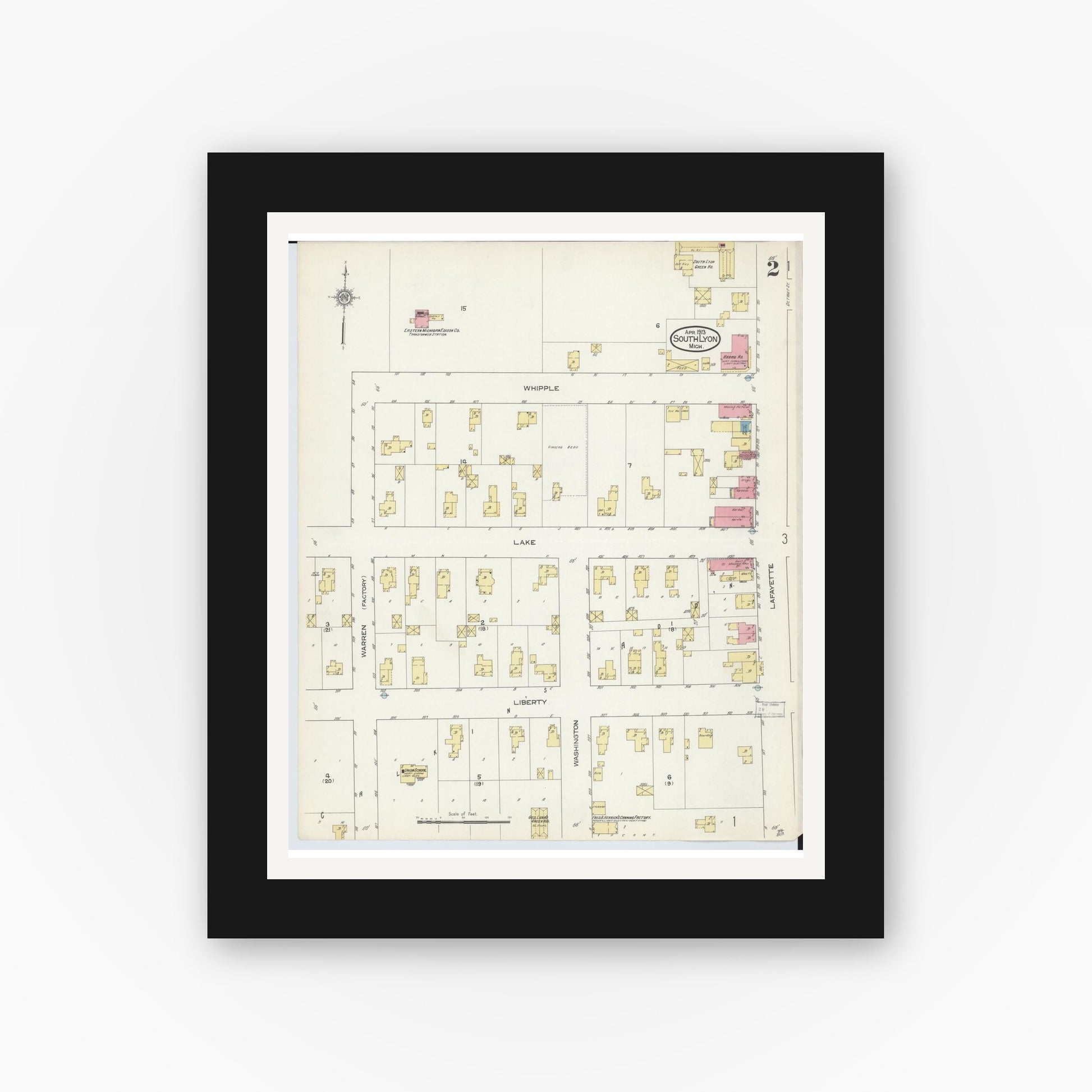 Old map wall art mockup — black gallery frame with white mat — Sanborn Fire Insurance Map from South Lyon, Oakland County, Michigan (1913), Sheet #0002