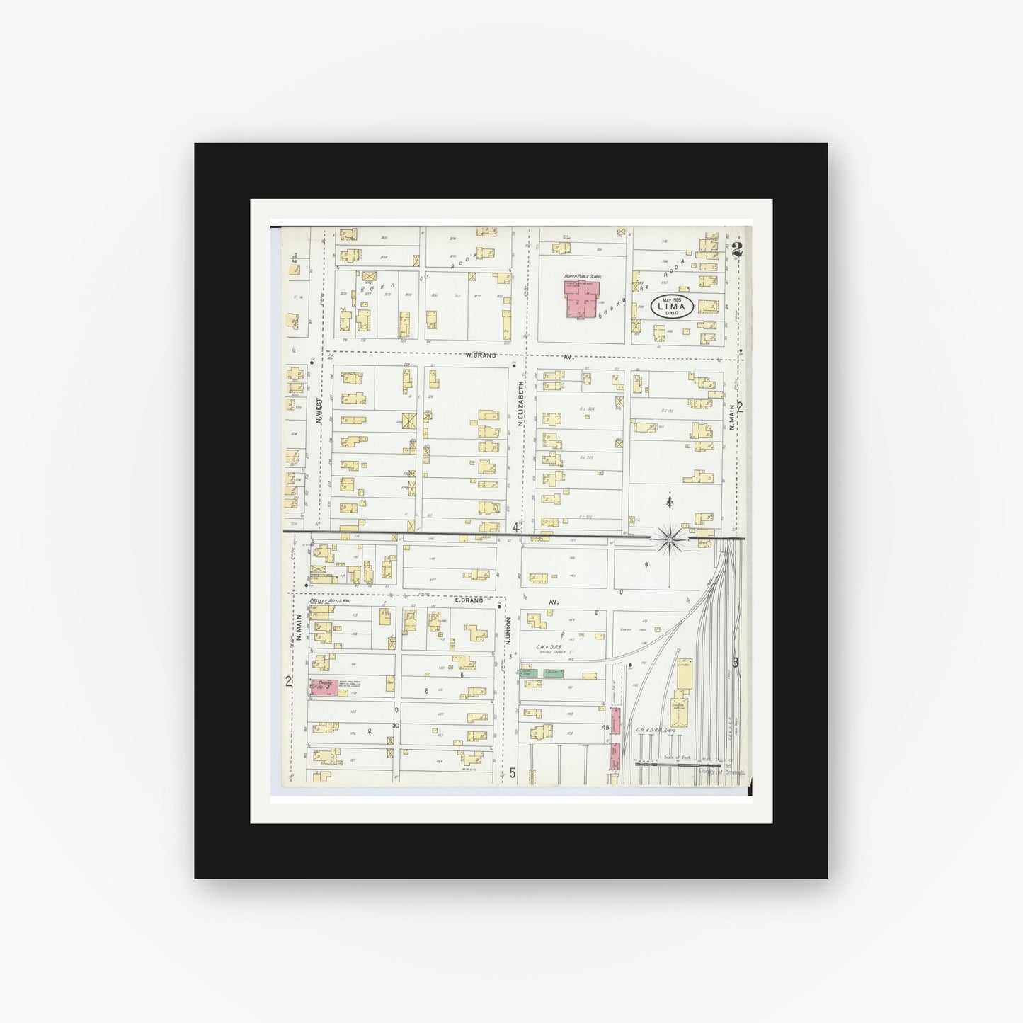 Old map wall art mockup — black gallery frame with white mat — Sanborn Fire Insurance Map from Lima, Allen County, Ohio (1905), Sheet #0002