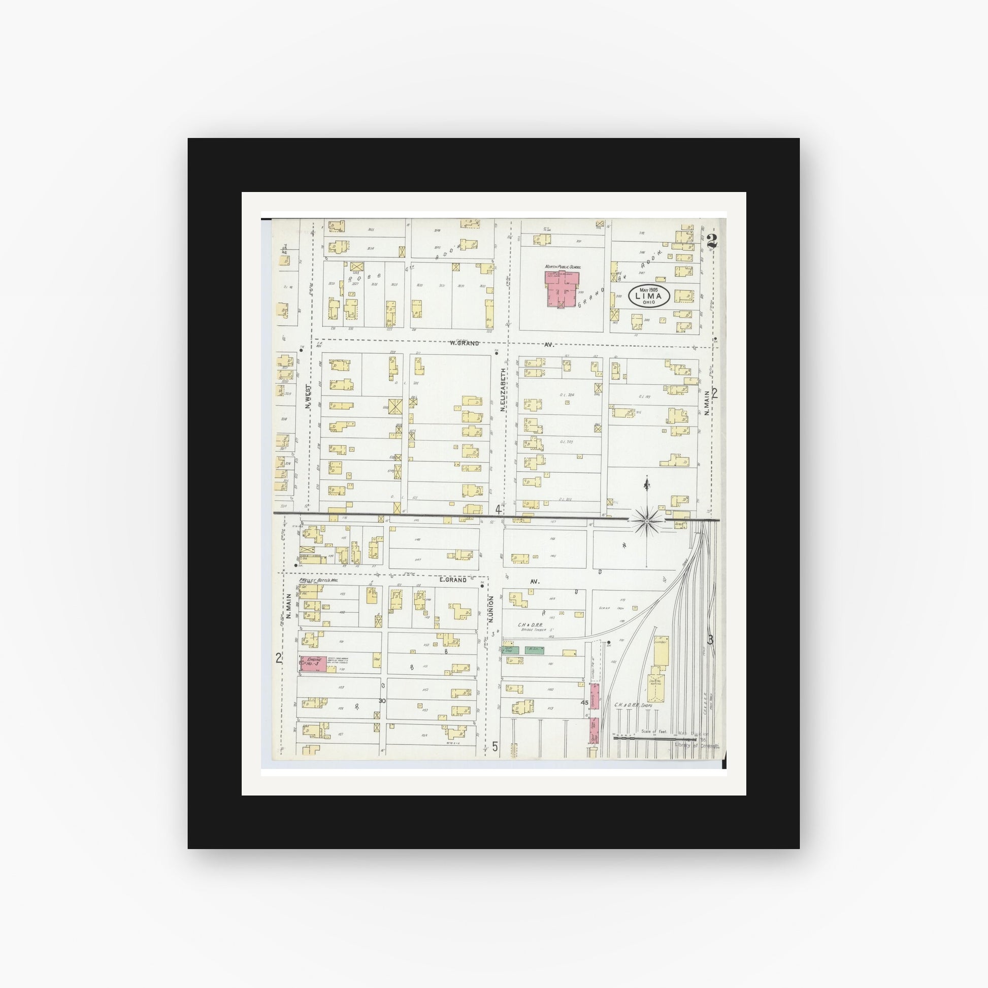 Old map wall art mockup — black gallery frame with white mat — Sanborn Fire Insurance Map from Lima, Allen County, Ohio (1905), Sheet #0002