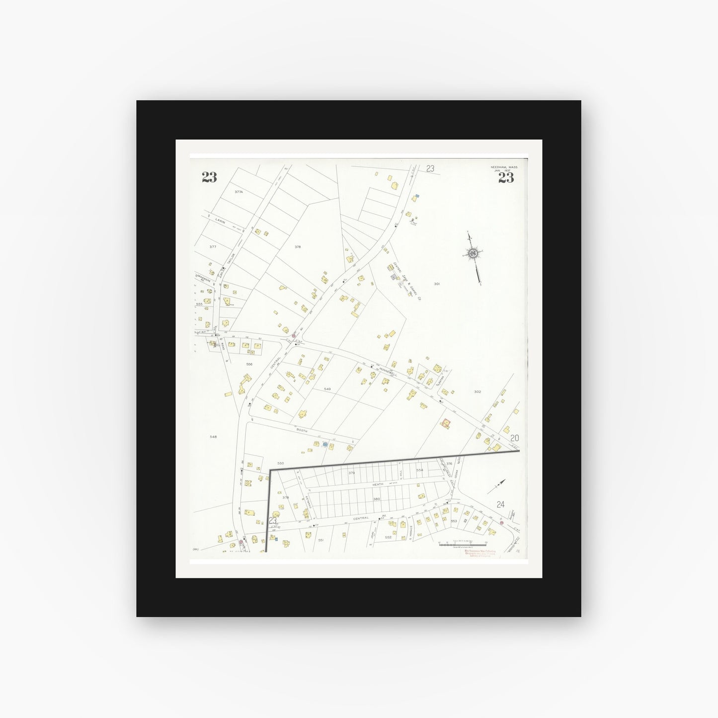 Old map wall art mockup — black gallery frame with white mat — Sanborn Fire Insurance Map from Needham, Norfolk County, Massachusetts (1937), Sheet #0023