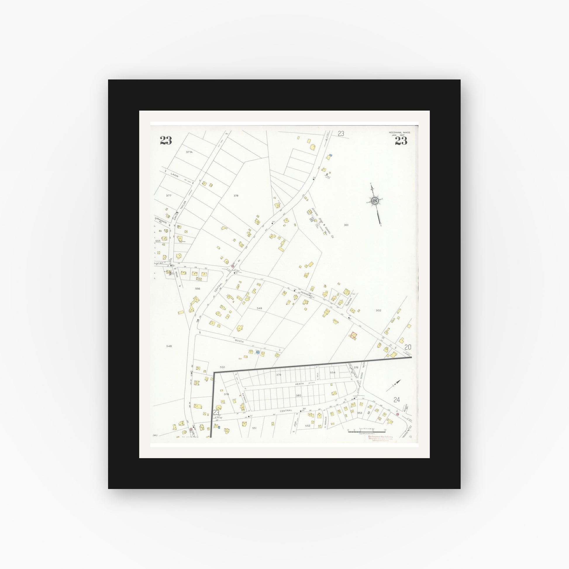 Old map wall art mockup — black gallery frame with white mat — Sanborn Fire Insurance Map from Needham, Norfolk County, Massachusetts (1937), Sheet #0023