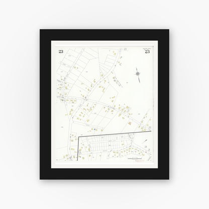 Old map wall art mockup — black gallery frame with white mat — Sanborn Fire Insurance Map from Needham, Norfolk County, Massachusetts (1937), Sheet #0023