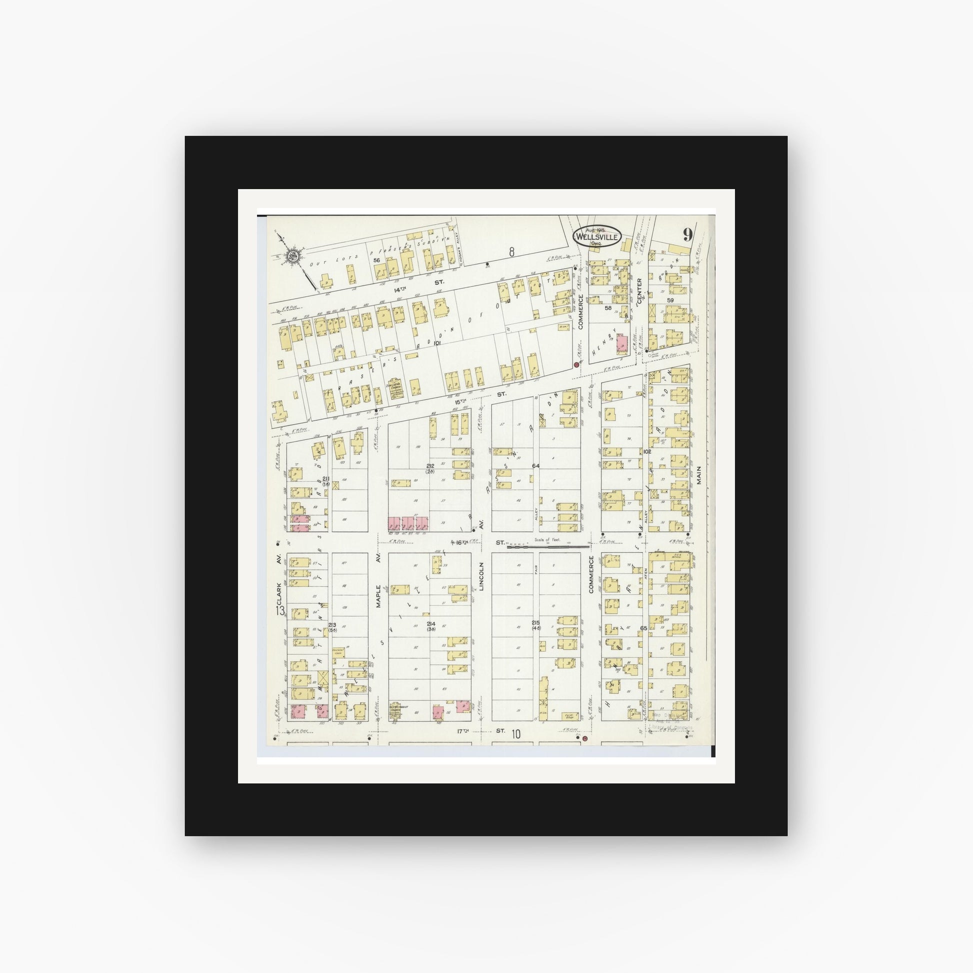 Old map wall art mockup — black gallery frame with white mat — Sanborn Fire Insurance Map from Wellsville, Columbiana County, Ohio (1915), Sheet #0009