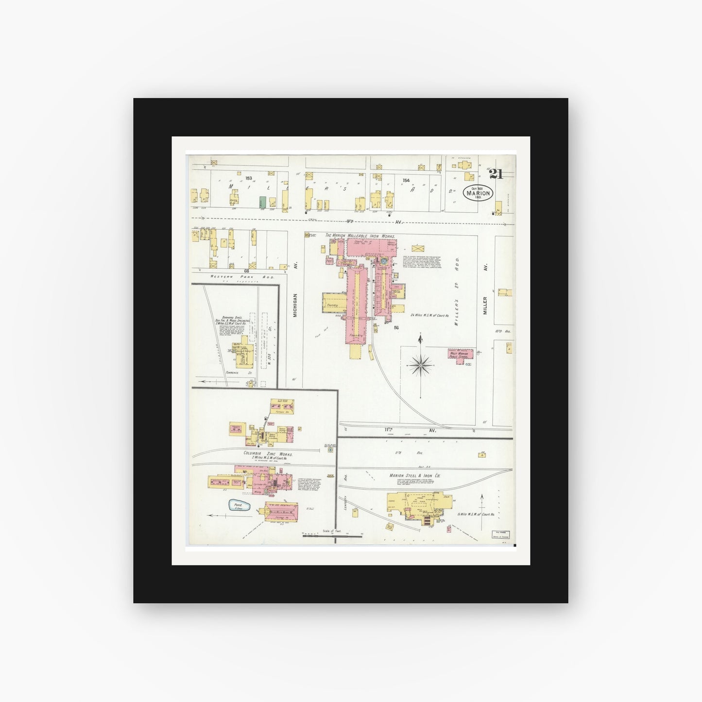 Old map wall art mockup — black gallery frame with white mat — Sanborn Fire Insurance Map from Marion, Grant County, Indiana (1901), Sheet #0021