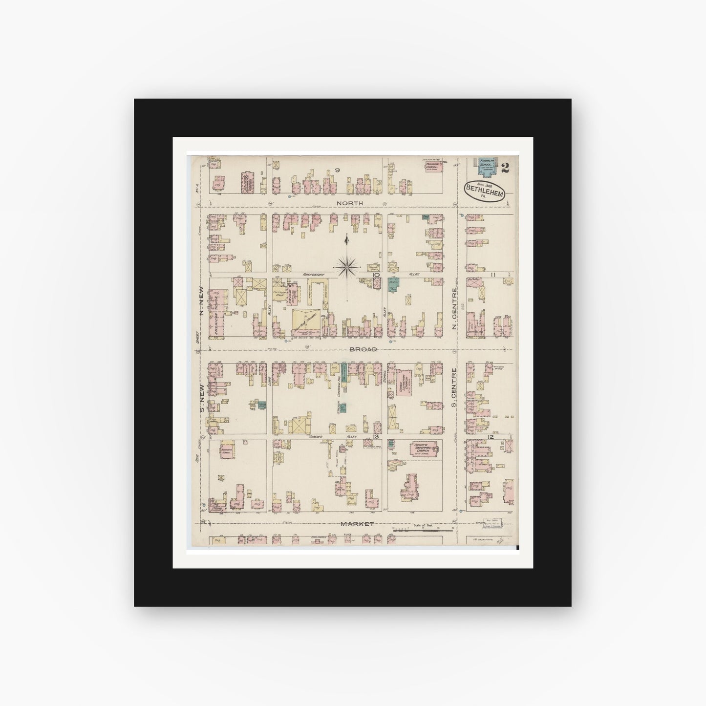 Old map wall art mockup — black gallery frame with white mat — Sanborn Fire Insurance Map from Bethlehem, Northampton And Lehigh Counties, Pennsylvania (1885), Sheet #0002