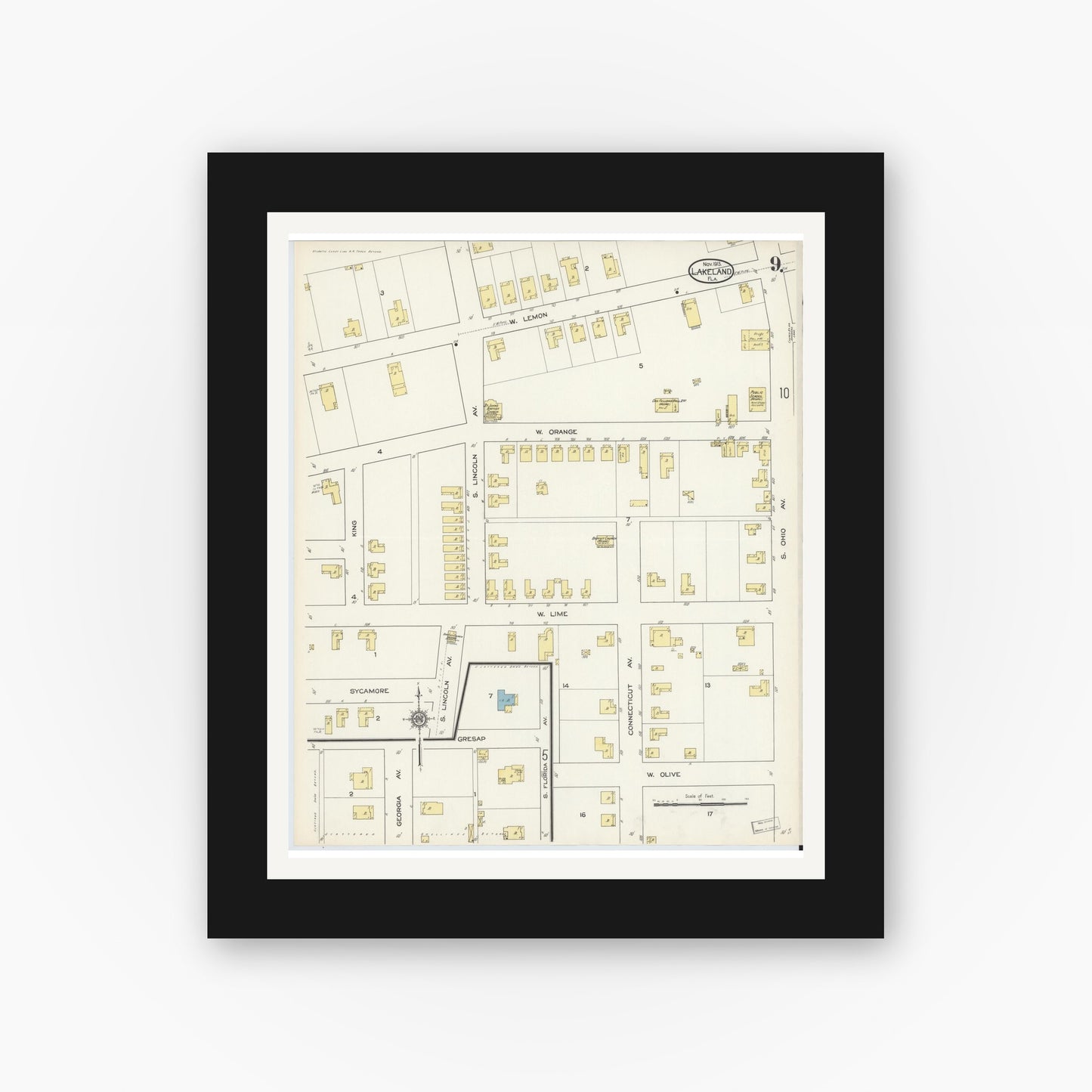 Old map wall art mockup — black gallery frame with white mat — Sanborn Fire Insurance Map from Lakeland, Polk County, Florida (1913), Sheet #0009