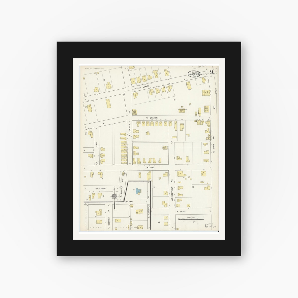 Old map wall art mockup — black gallery frame with white mat — Sanborn Fire Insurance Map from Lakeland, Polk County, Florida (1913), Sheet #0009