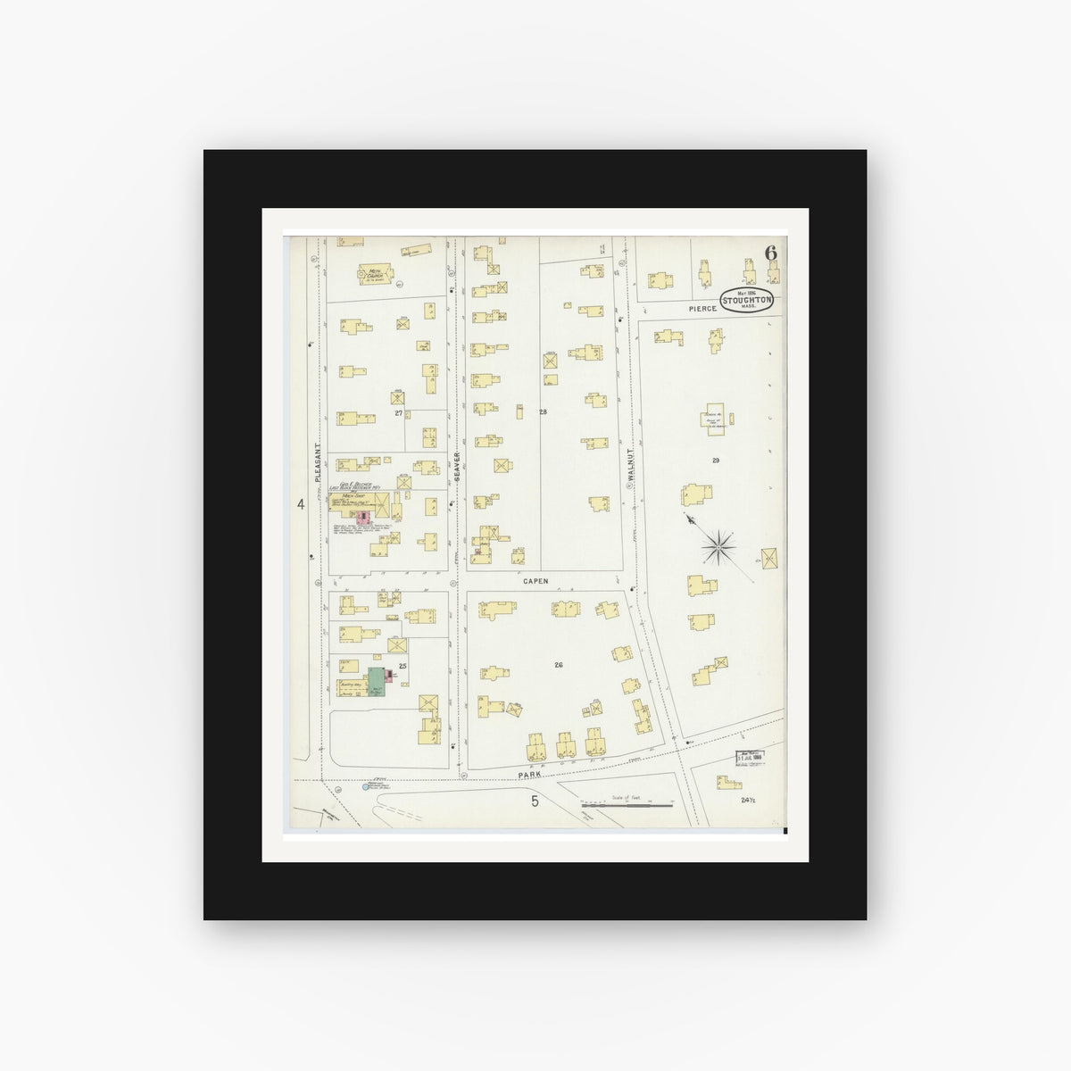 Old map wall art mockup — black gallery frame with white mat — Sanborn Fire Insurance Map from Stoughton, Norfolk County, Massachusetts (1896), Sheet #0006