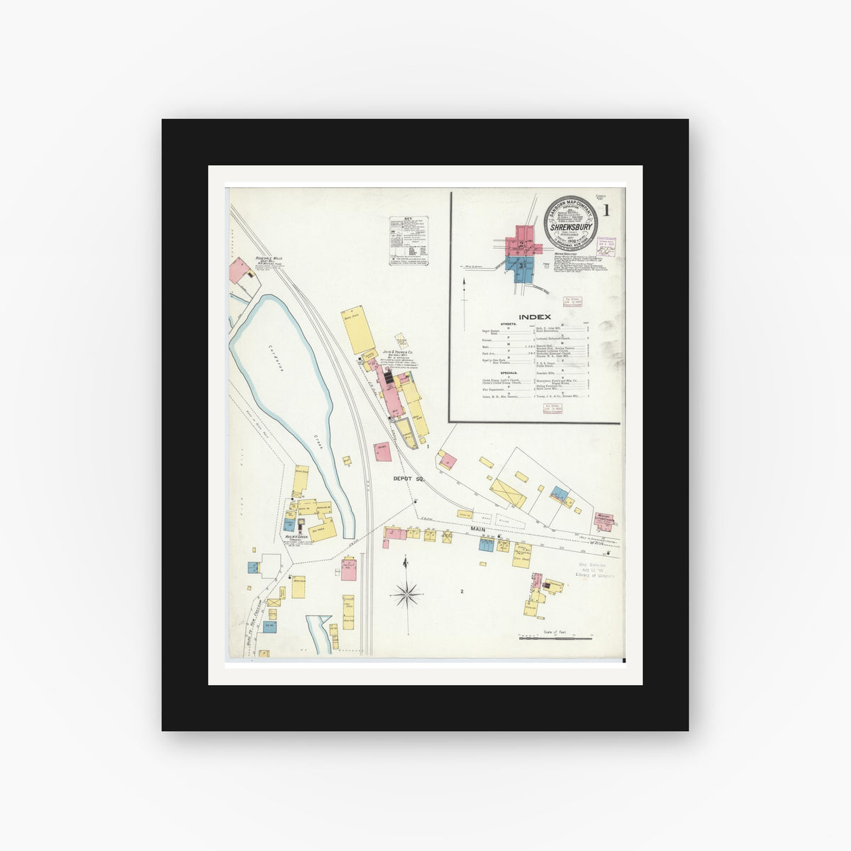 Old map wall art mockup — black gallery frame with white mat — Sanborn Fire Insurance Map from Shrewsbury, York County, Pennsylvania (1908) - Complete Map Set