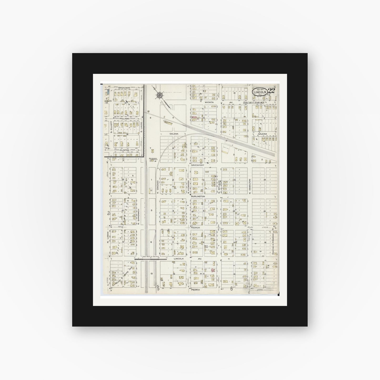 Old map wall art mockup — black gallery frame with white mat — Sanborn Fire Insurance Map from Lincoln, Logan County, Illinois (1914), Sheet #0022