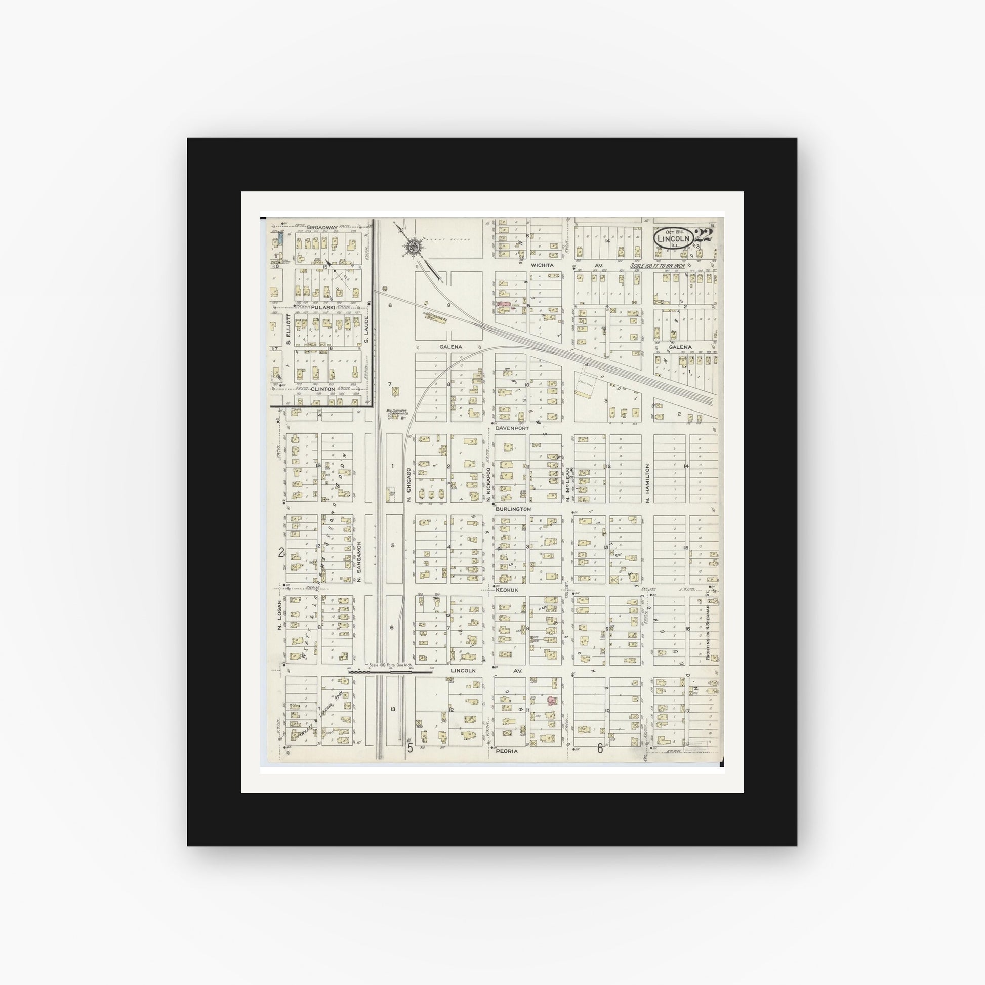 Old map wall art mockup — black gallery frame with white mat — Sanborn Fire Insurance Map from Lincoln, Logan County, Illinois (1914), Sheet #0022