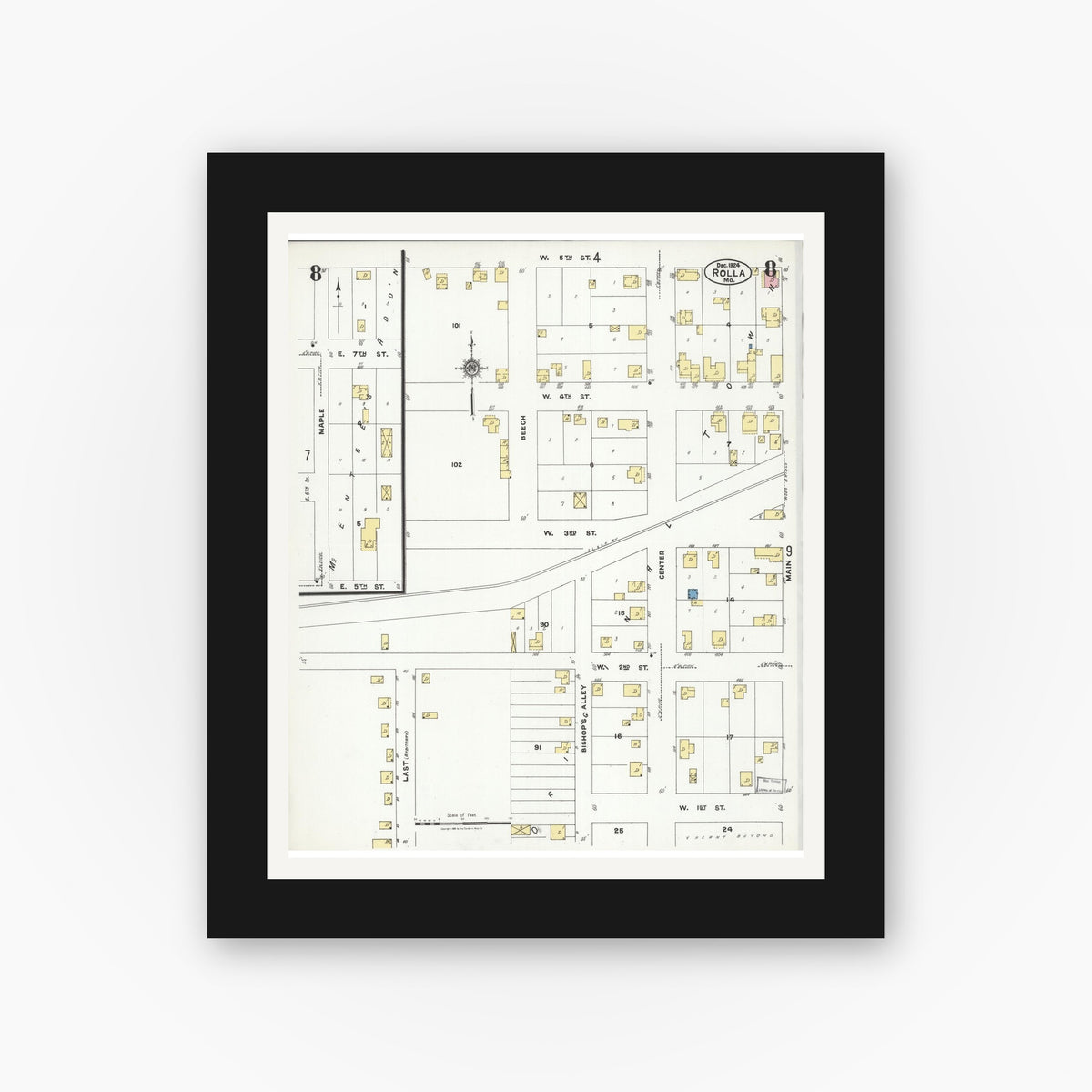 Old map wall art mockup — black gallery frame with white mat — Sanborn Fire Insurance Map from Rolla, Phelps County, Missouri (1924), Sheet #0008