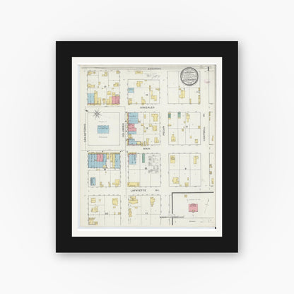 Old map wall art mockup — black gallery frame with white mat — Sanborn Fire Insurance Map from Lockhart, Caldwell County, Texas (1894), Sheet #0001