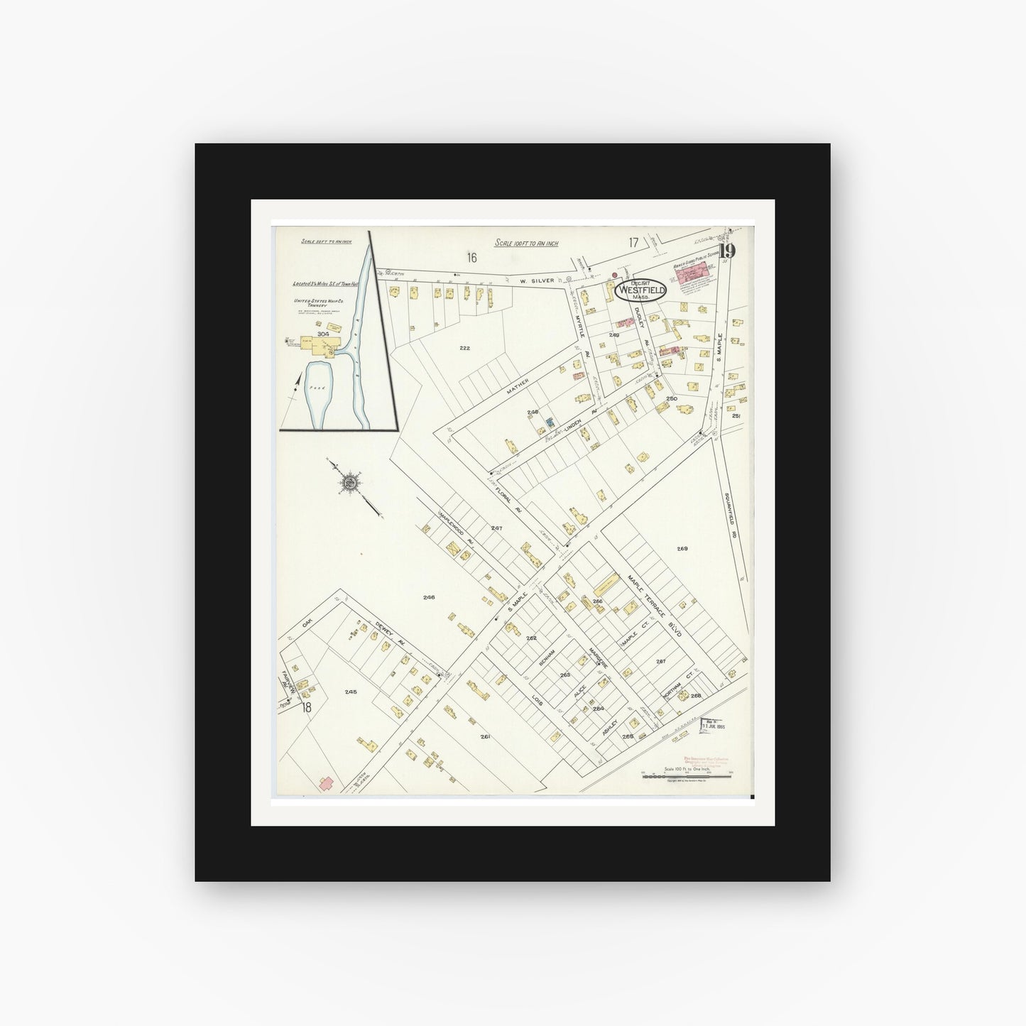 Old map wall art mockup — black gallery frame with white mat — Sanborn Fire Insurance Map from Westfield, Hampden County, Massachusetts (1917), Sheet #0019