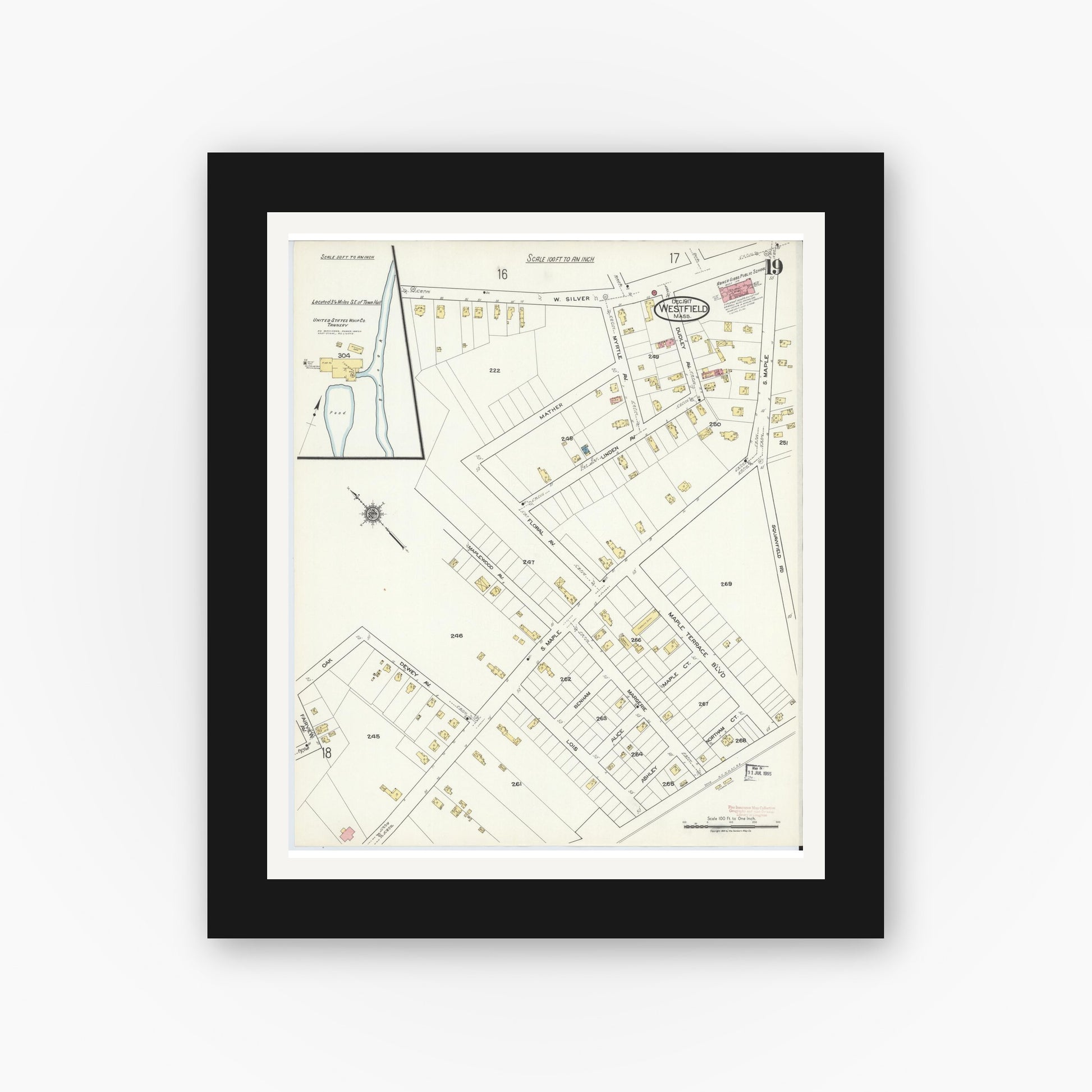 Old map wall art mockup — black gallery frame with white mat — Sanborn Fire Insurance Map from Westfield, Hampden County, Massachusetts (1917), Sheet #0019