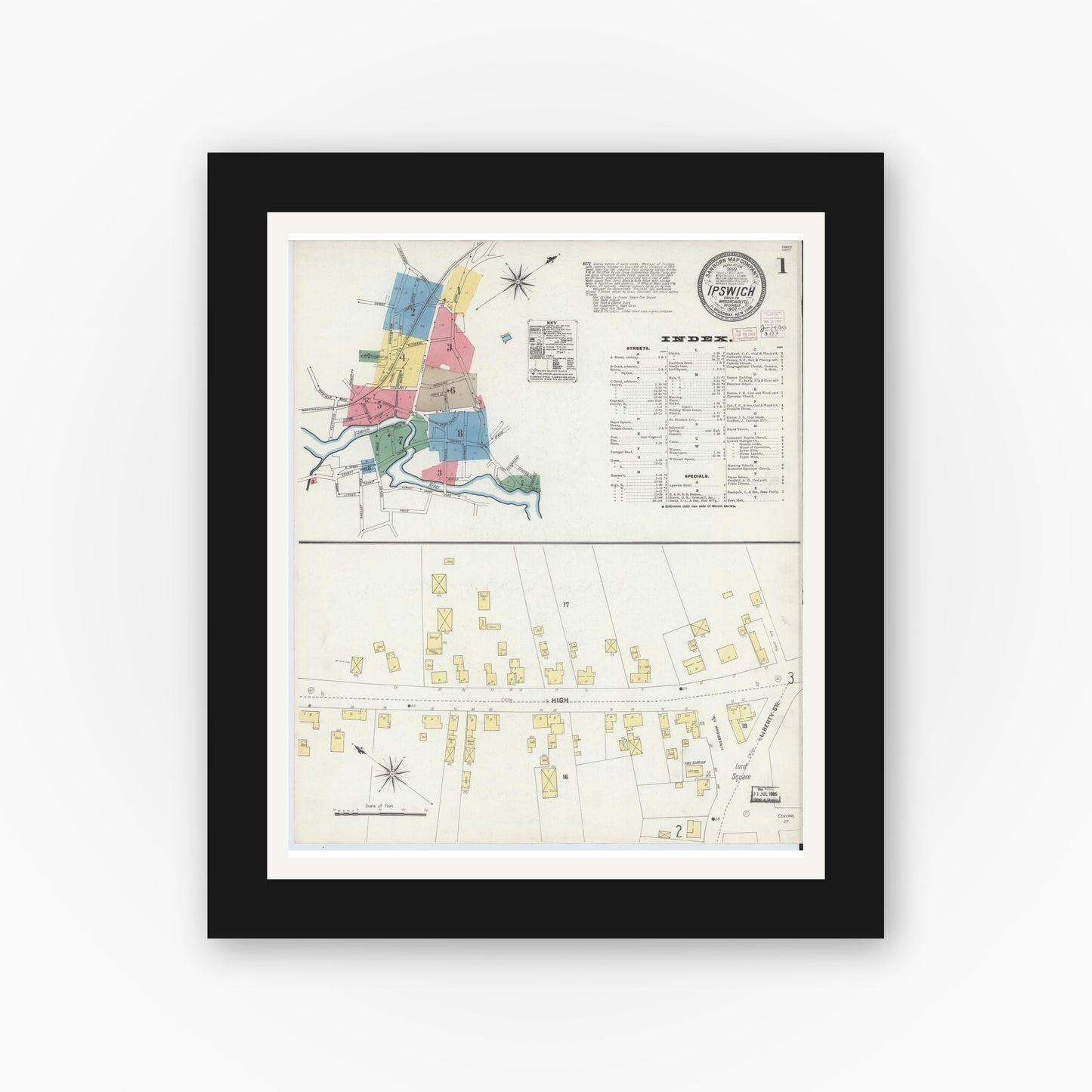 Old map wall art mockup — black gallery frame with white mat — Sanborn Fire Insurance Map from Ipswich, Essex County, Massachusetts (1902) - Complete Map Set