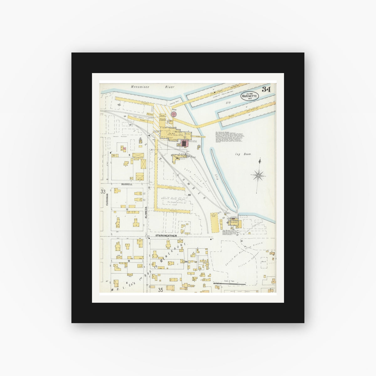 Old map wall art mockup — black gallery frame with white mat — Sanborn Fire Insurance Map from Marinette, Marinette County, Wisconsin (1901), Sheet #0034