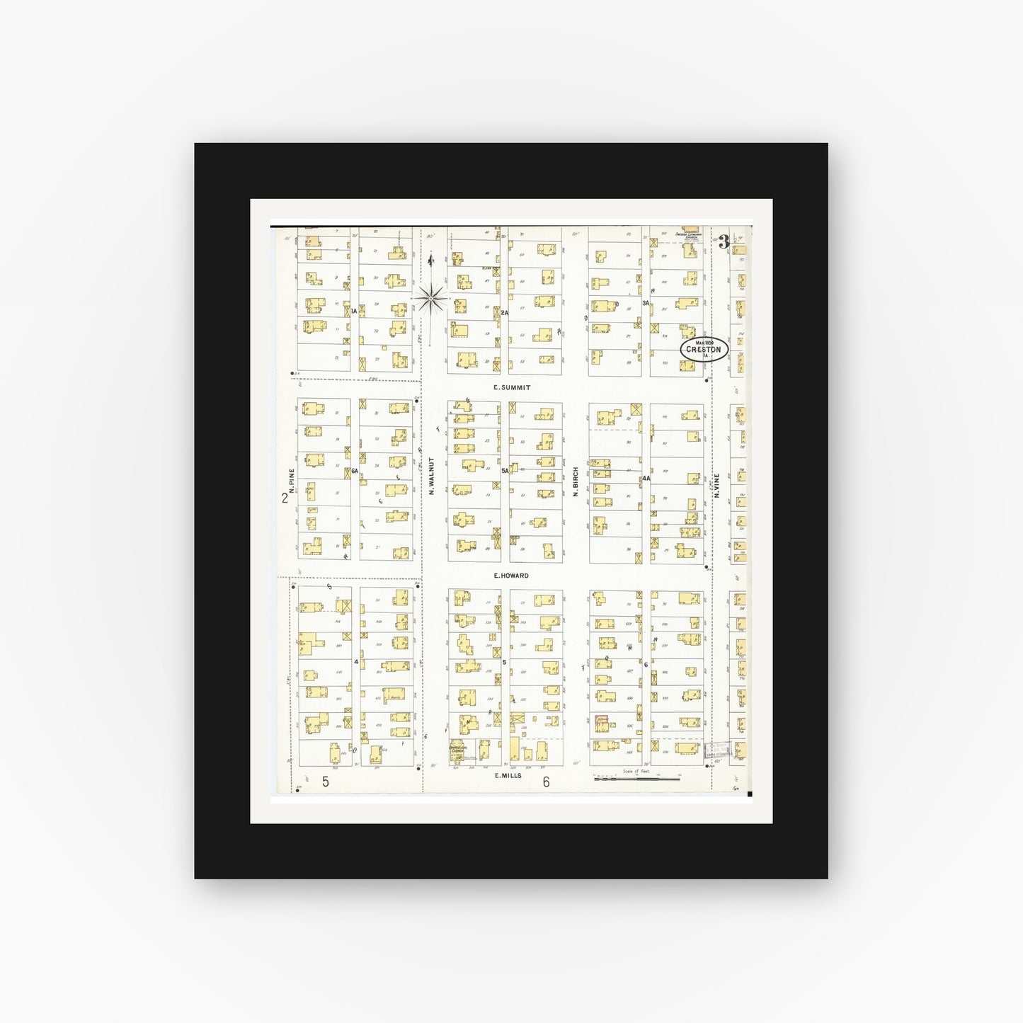 Old map wall art mockup — black gallery frame with white mat — Sanborn Fire Insurance Map from Creston, Union County, Iowa (1899), Sheet #0003