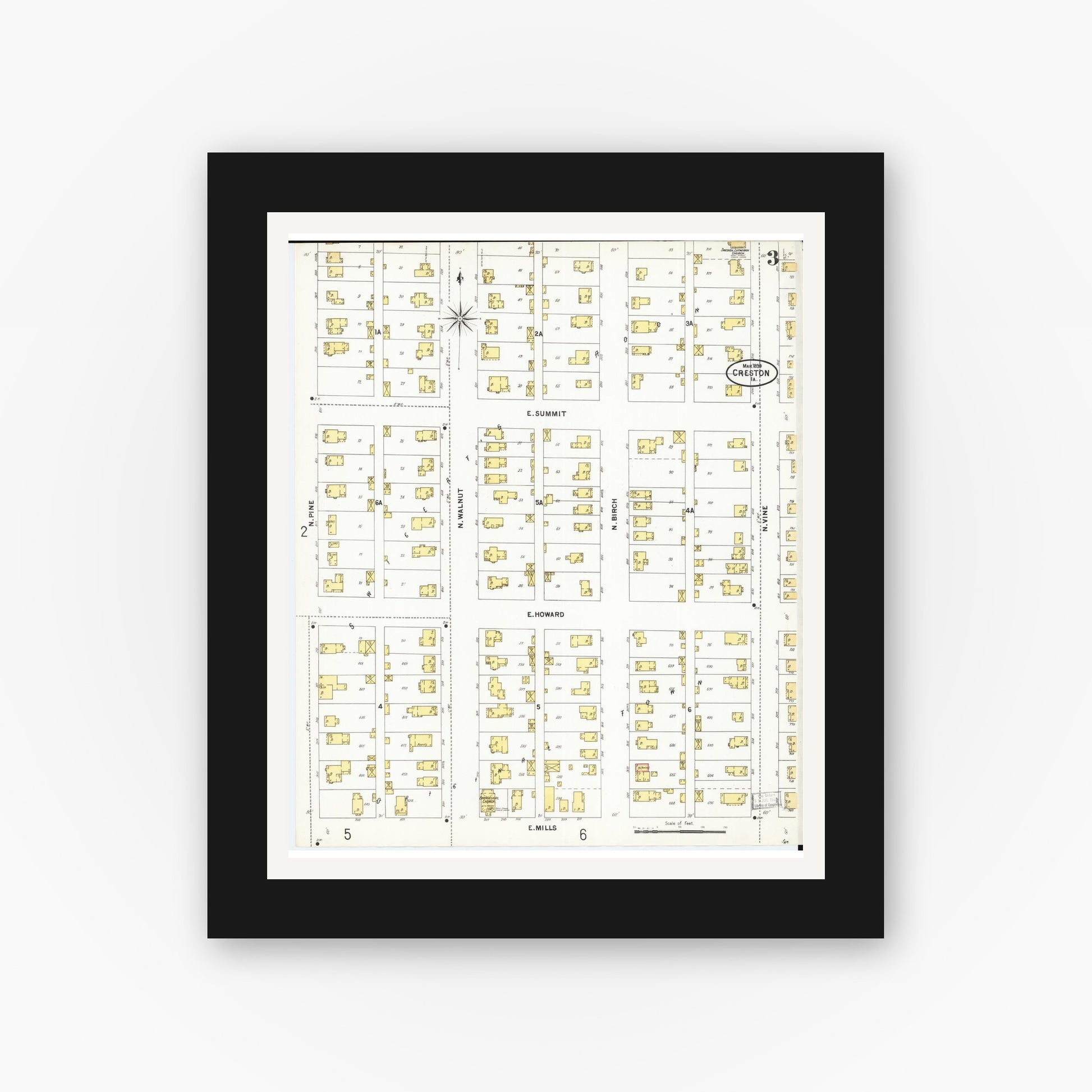 Old map wall art mockup — black gallery frame with white mat — Sanborn Fire Insurance Map from Creston, Union County, Iowa (1899), Sheet #0003