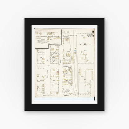Old map wall art mockup — black gallery frame with white mat — Sanborn Fire Insurance Map from Denison, Crawford County, Iowa (1886), Sheet #0002