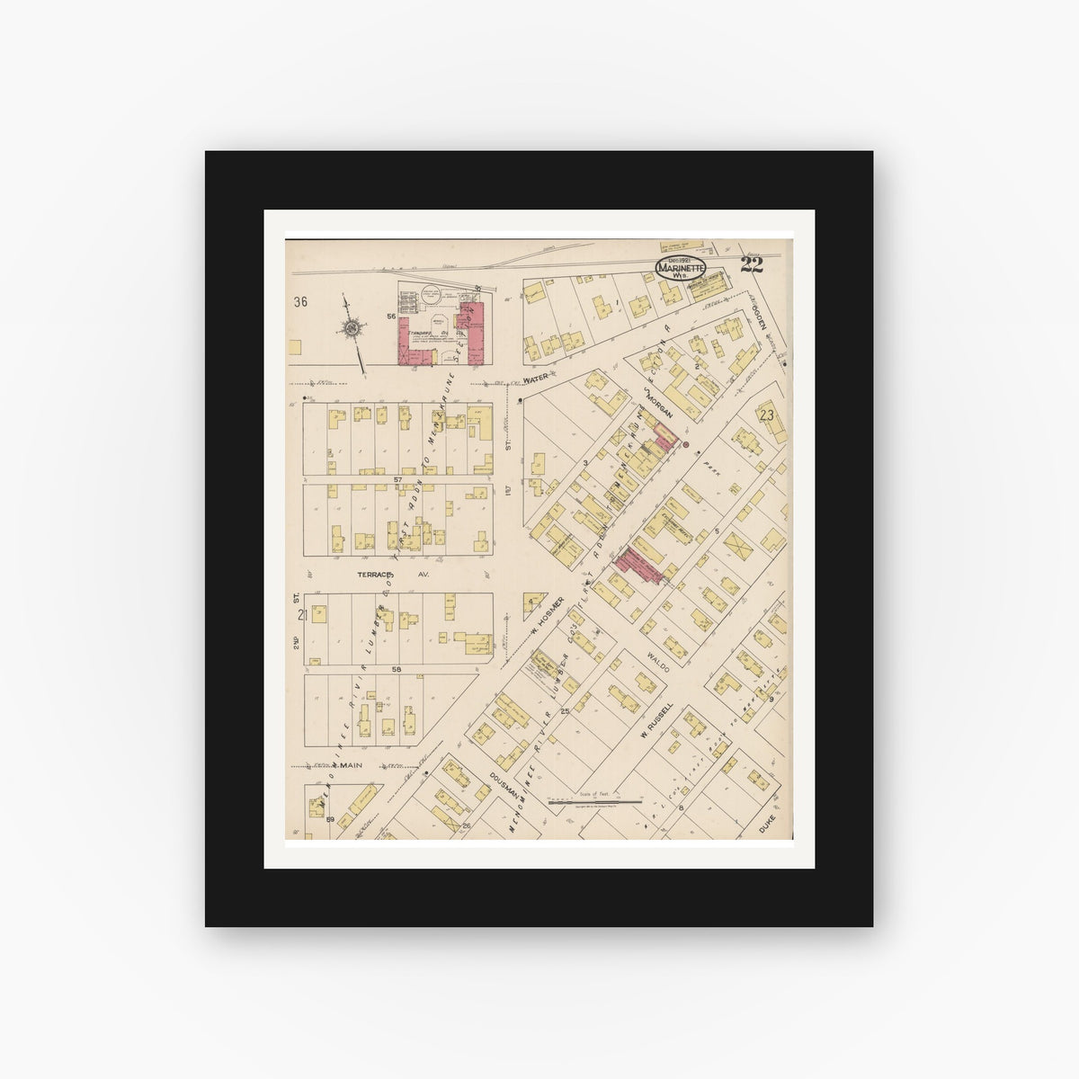 Old map wall art mockup — black gallery frame with white mat — Sanborn Fire Insurance Map from Marinette, Marinette County, Wisconsin (1921), Sheet #0022