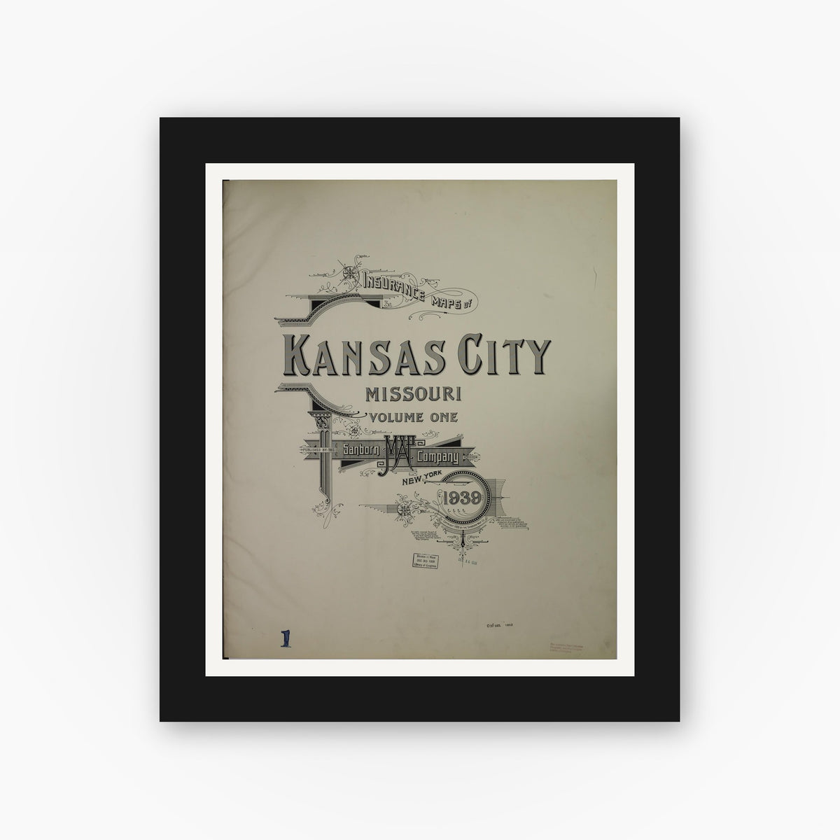 Old map wall art mockup — black gallery frame with white mat — Sanborn Fire Insurance Map from Kansas City, Jackson, Clay, And Platte Counties, Missouri (1939), Sheet #0001