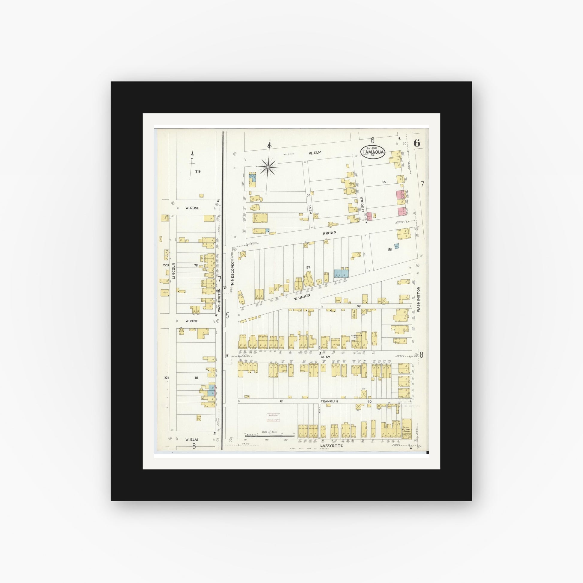 Old map wall art mockup — black gallery frame with white mat — Sanborn Fire Insurance Map from Tamaqua, Schuylkill County, Pennsylvania (1908), Sheet #0006