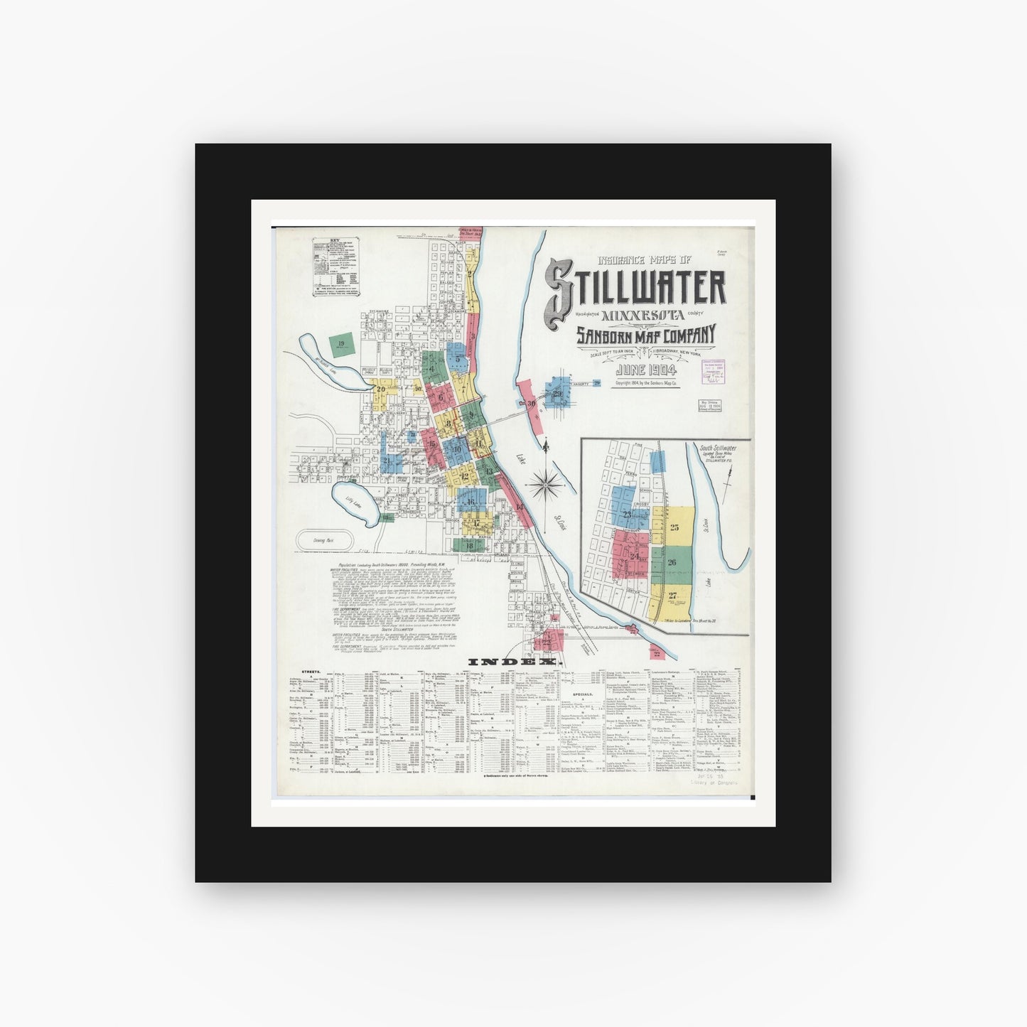 Old map wall art mockup — black gallery frame with white mat — Sanborn Fire Insurance Map from Stillwater, Washington County, Minnesota (1904) - Complete Map Set