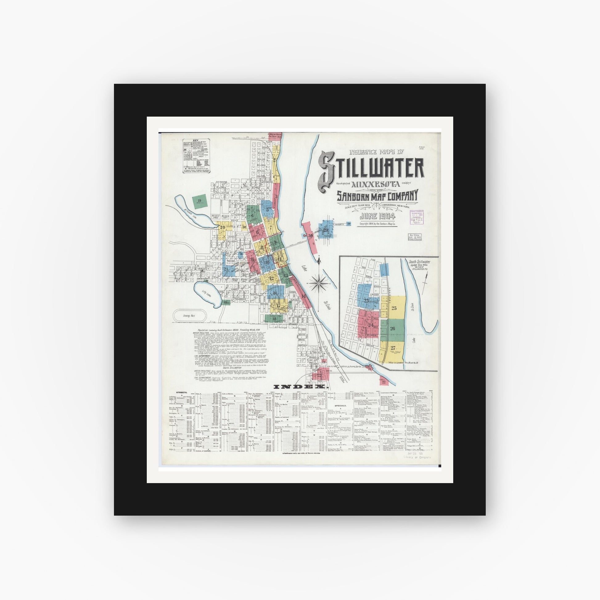 Old map wall art mockup — black gallery frame with white mat — Sanborn Fire Insurance Map from Stillwater, Washington County, Minnesota (1904) - Complete Map Set