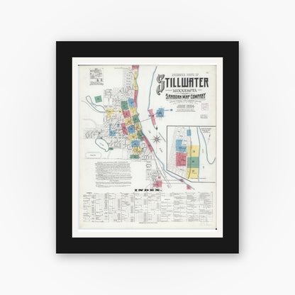 Old map wall art mockup — black gallery frame with white mat — Sanborn Fire Insurance Map from Stillwater, Washington County, Minnesota (1904) - Complete Map Set