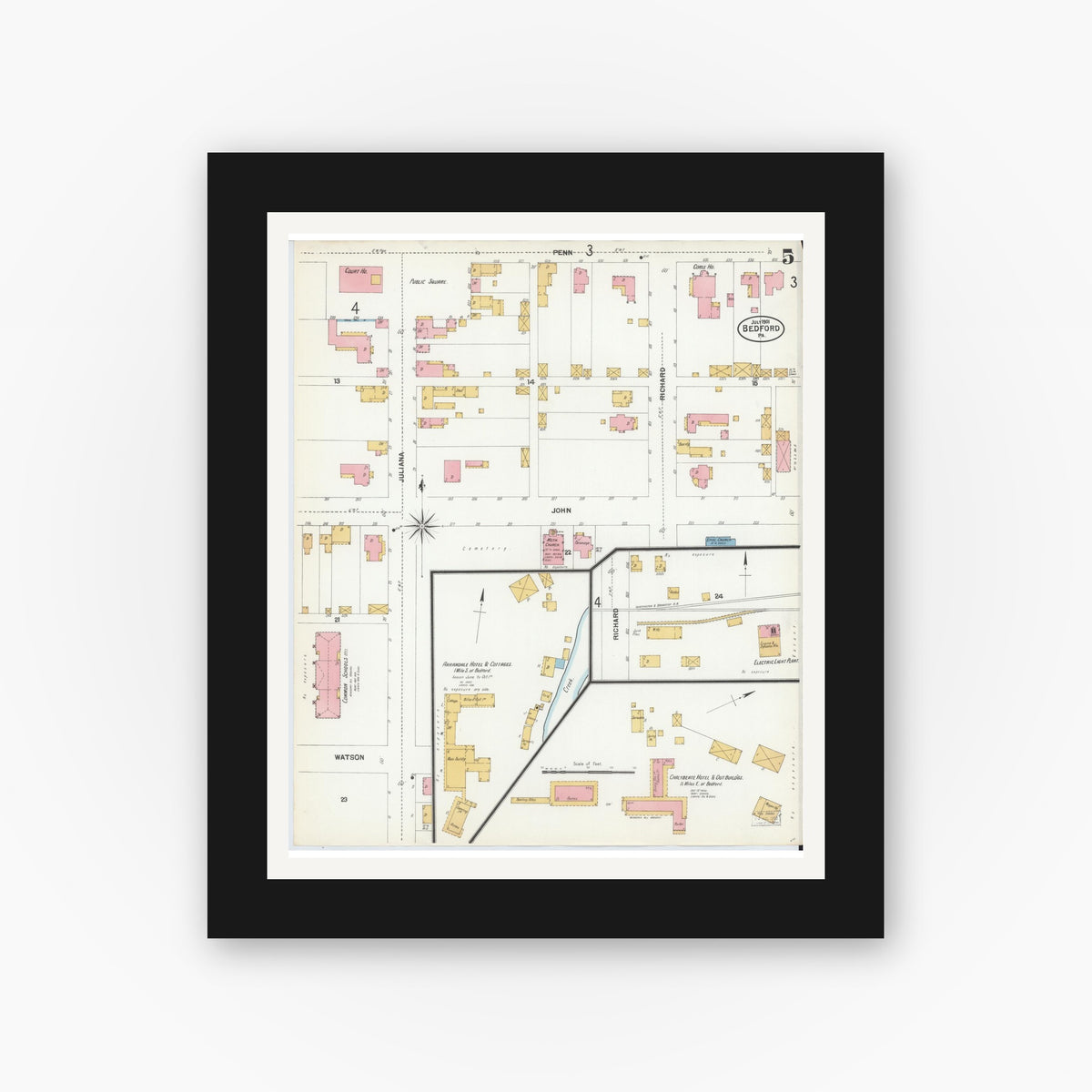Old map wall art mockup — black gallery frame with white mat — Sanborn Fire Insurance Map from Bedford, Bedford County, Pennsylvania (1901), Sheet #0005