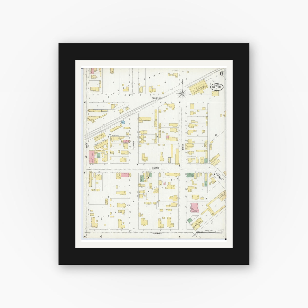 Old map wall art mockup — black gallery frame with white mat — Sanborn Fire Insurance Map from Carmi, White County, Illinois (1899), Sheet #0006