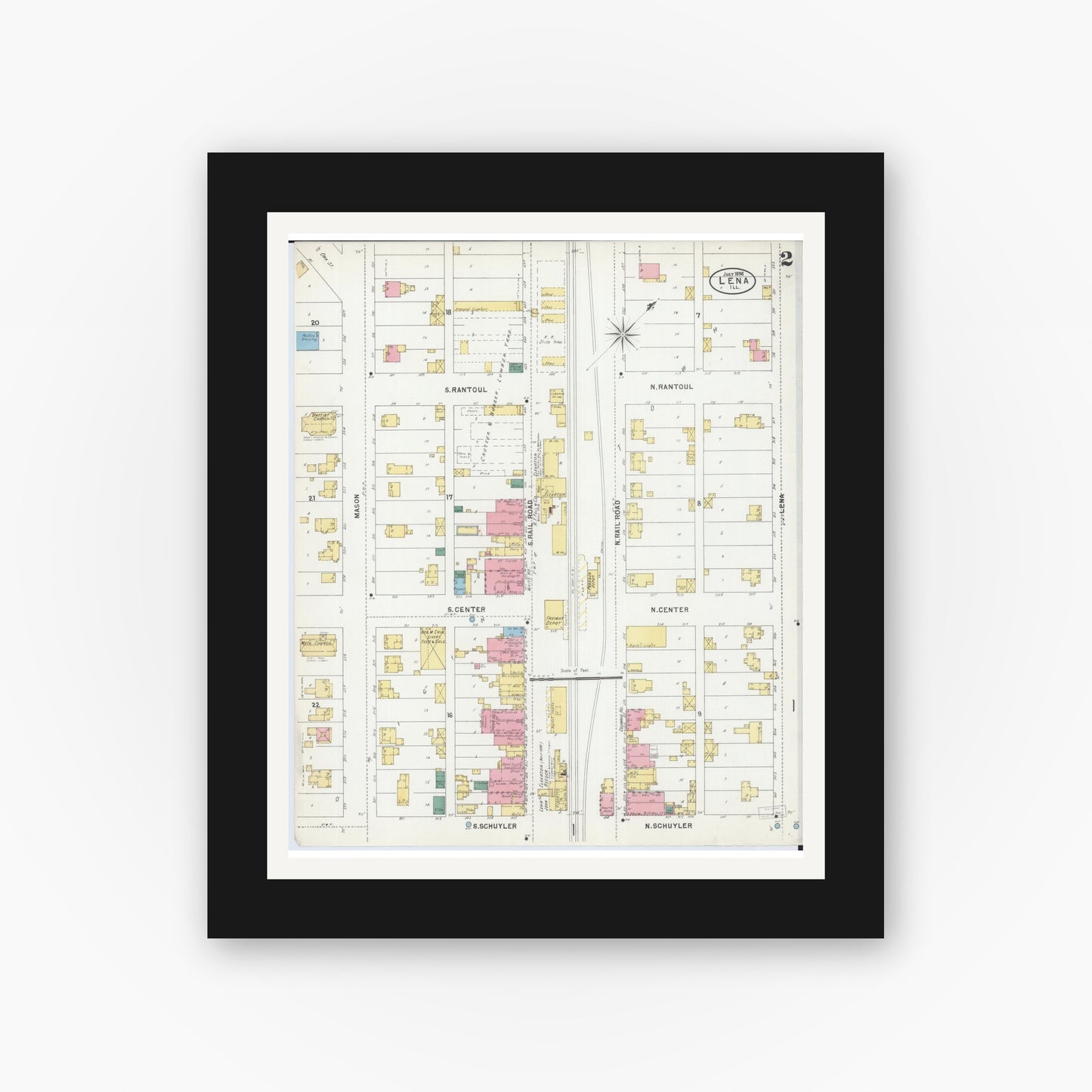 Old map wall art mockup — black gallery frame with white mat — Sanborn Fire Insurance Map from Lena, Stephenson County, Illinois (1898), Sheet #0002