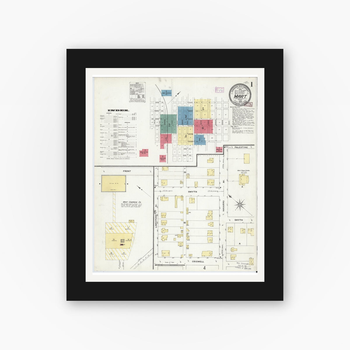 Old map wall art mockup — black gallery frame with white mat — Sanborn Fire Insurance Map from Mart, McLennan County, Texas (1909), Sheet #0001