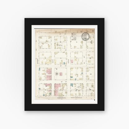Old map wall art mockup — black gallery frame with white mat — Sanborn Fire Insurance Map from Leon, Decatur County, Iowa (1886) â€” Complete Set