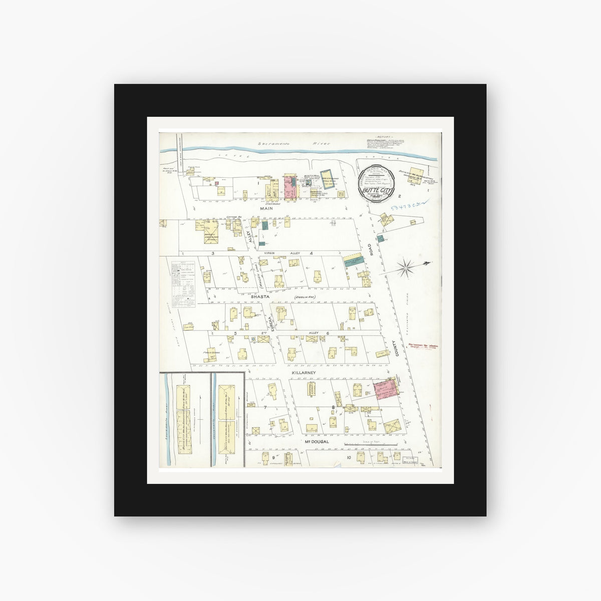 Old map wall art mockup — black gallery frame with white mat — Sanborn Fire Insurance Map from Butte City, Glenn County, California (1897), Sheet #0001