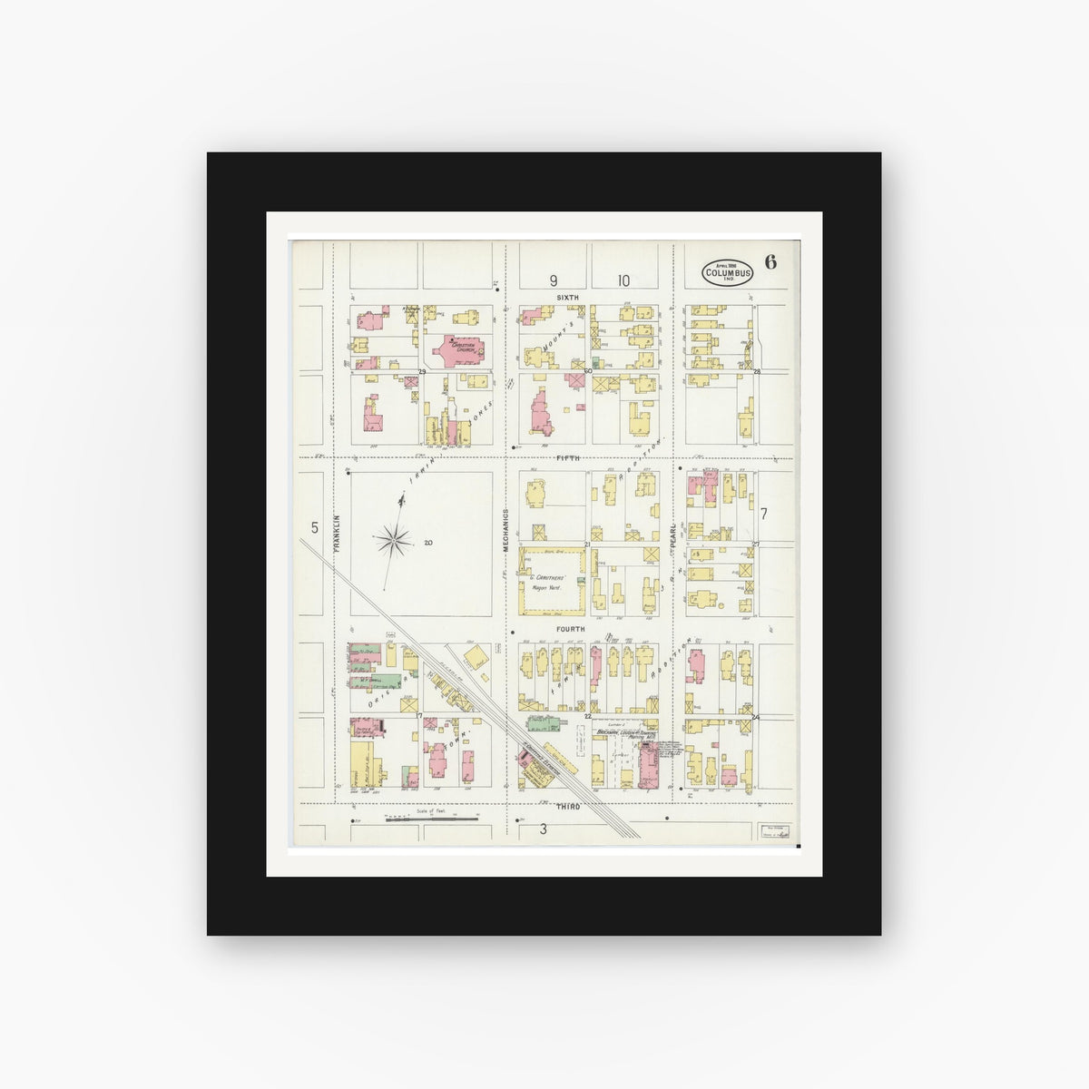 Old map wall art mockup — black gallery frame with white mat — Sanborn Fire Insurance Map from Columbus, Bartholomew County, Indiana (1898), Sheet #0006